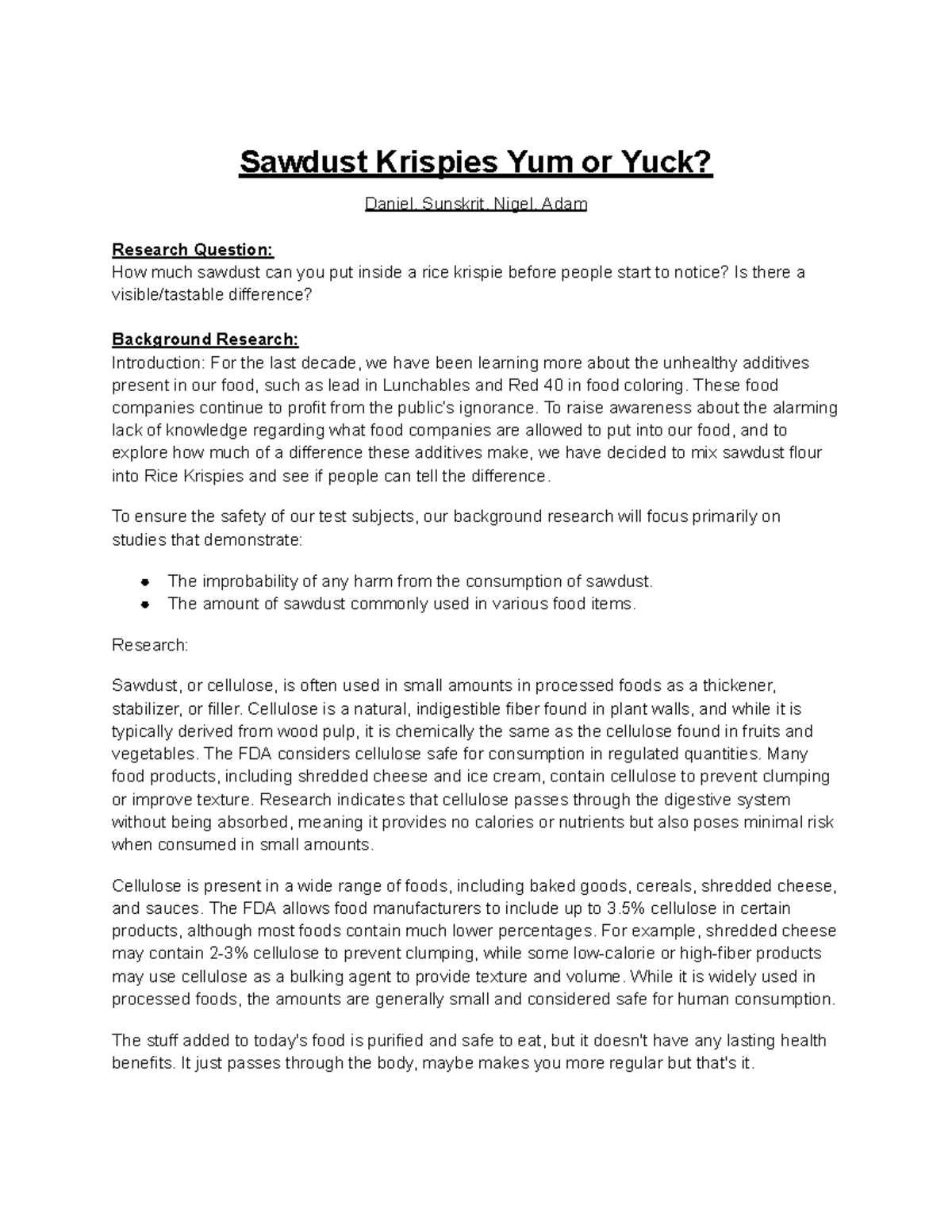 Science Fair Doc - type sh - Sawdust Krispies Yum or Yuck? Daniel ...