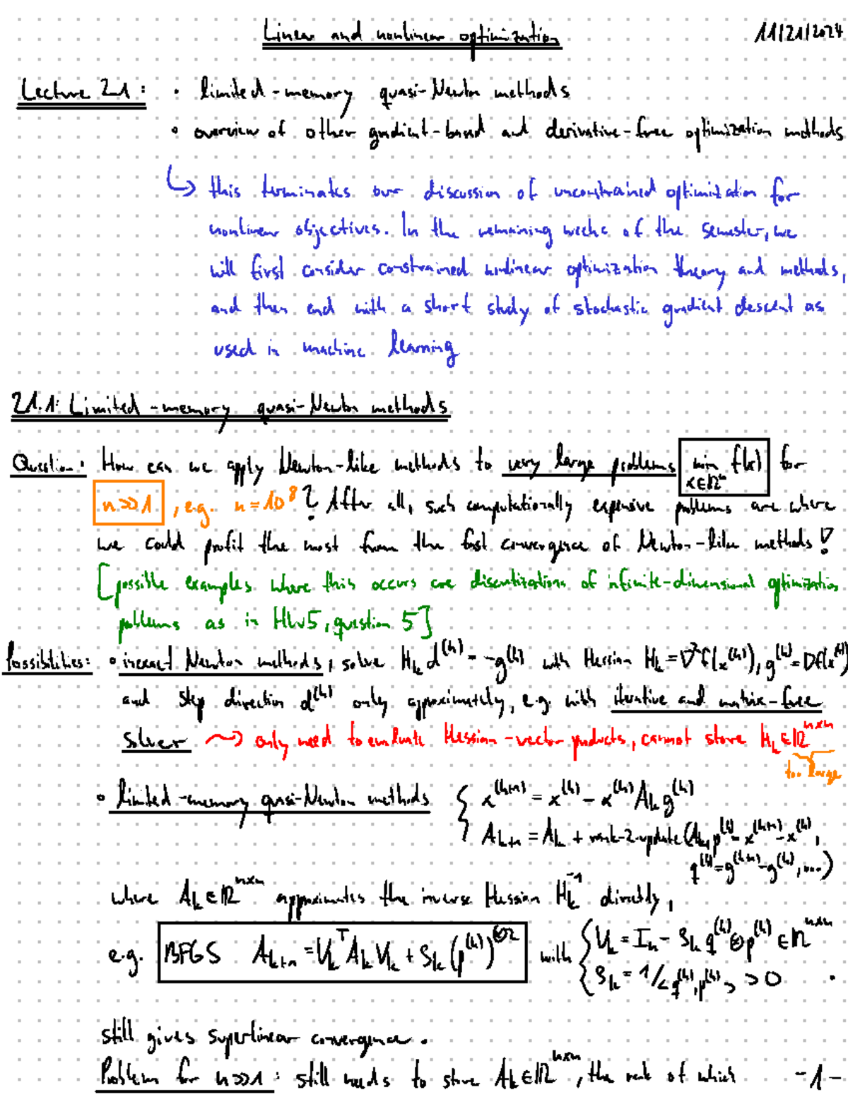 Opt-LEC-21: Notes on Limited Memory Methods in Optimization - Studocu