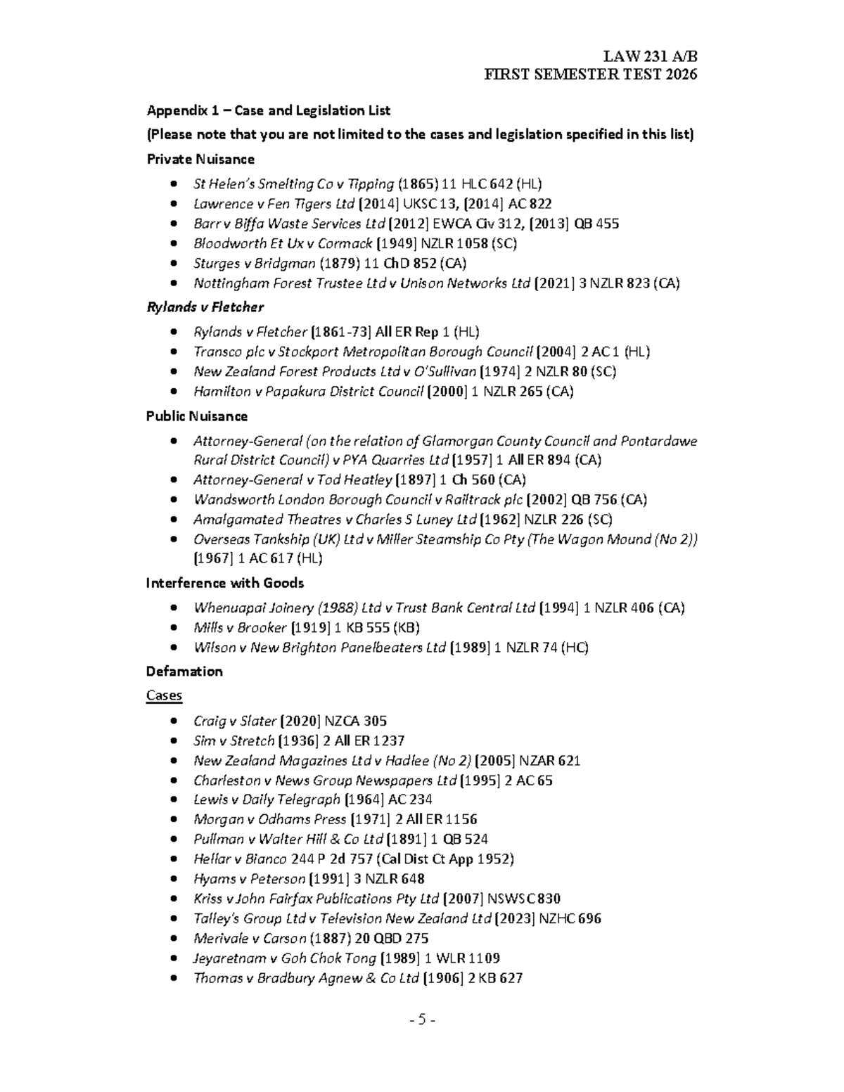 LAW 231 FIRST SEMESTER TEST 2026: Case & Legislation Appendix 1 - Studocu