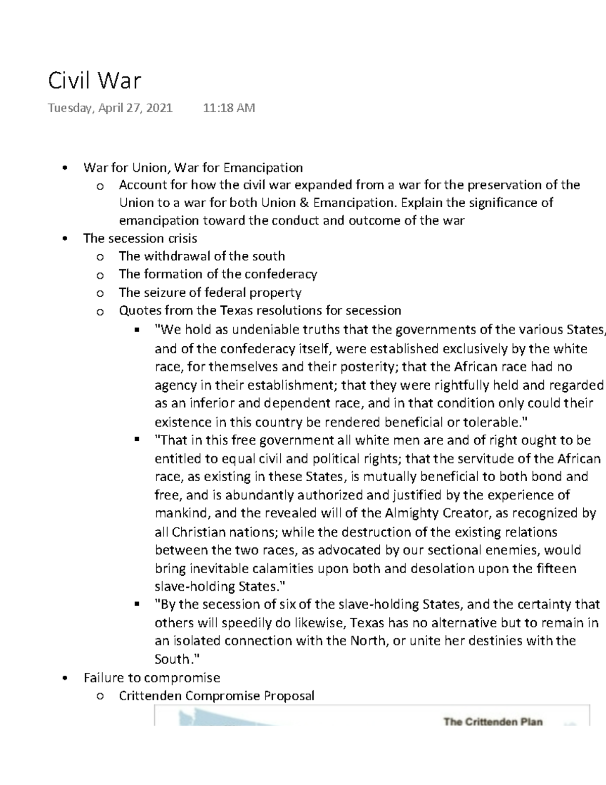 Civil War - Lecture notes 16 - War for Union, War for Emancipation ...