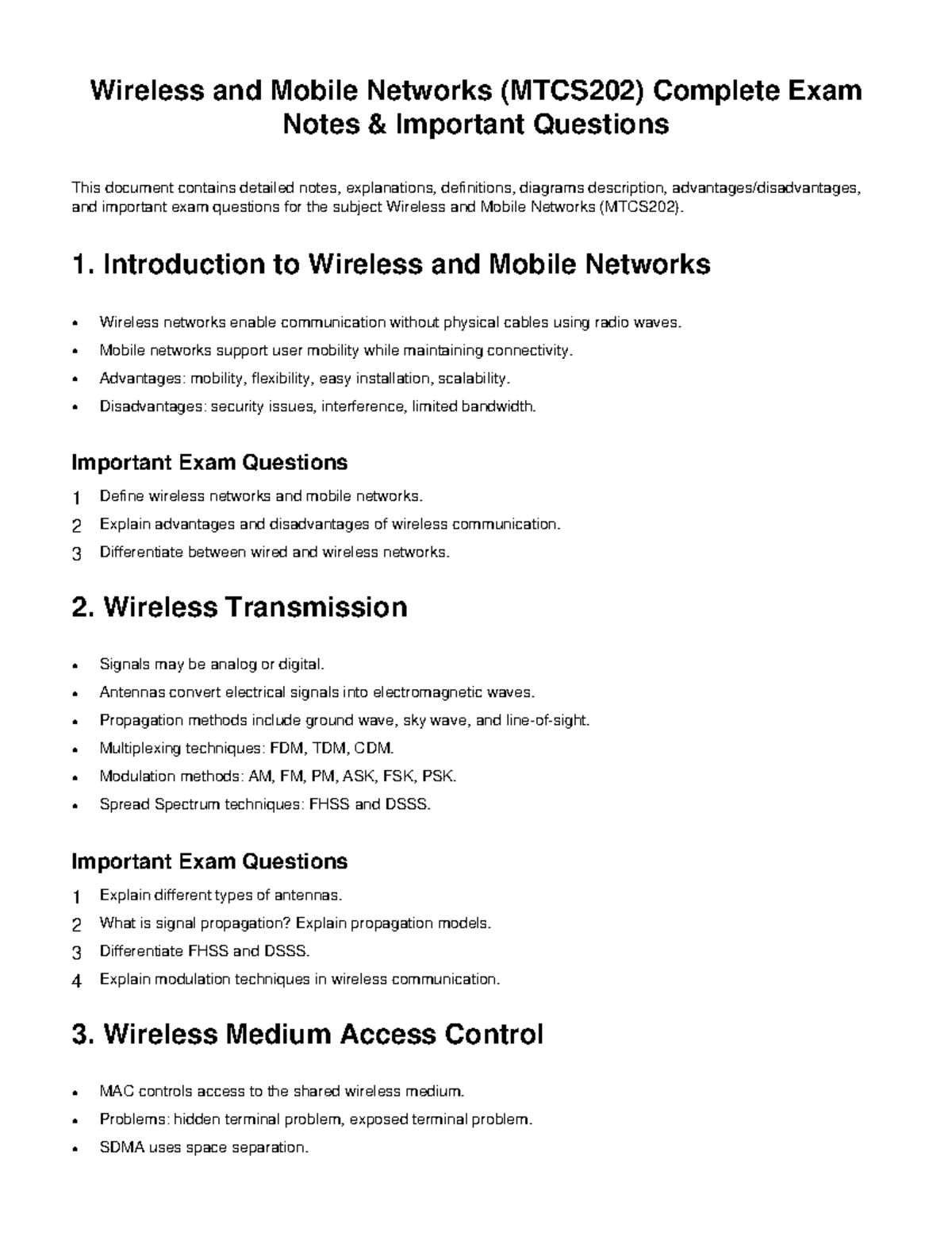 Wireless and Mobile Networks (MTCS202) Exam Notes & Key Questions - Studocu