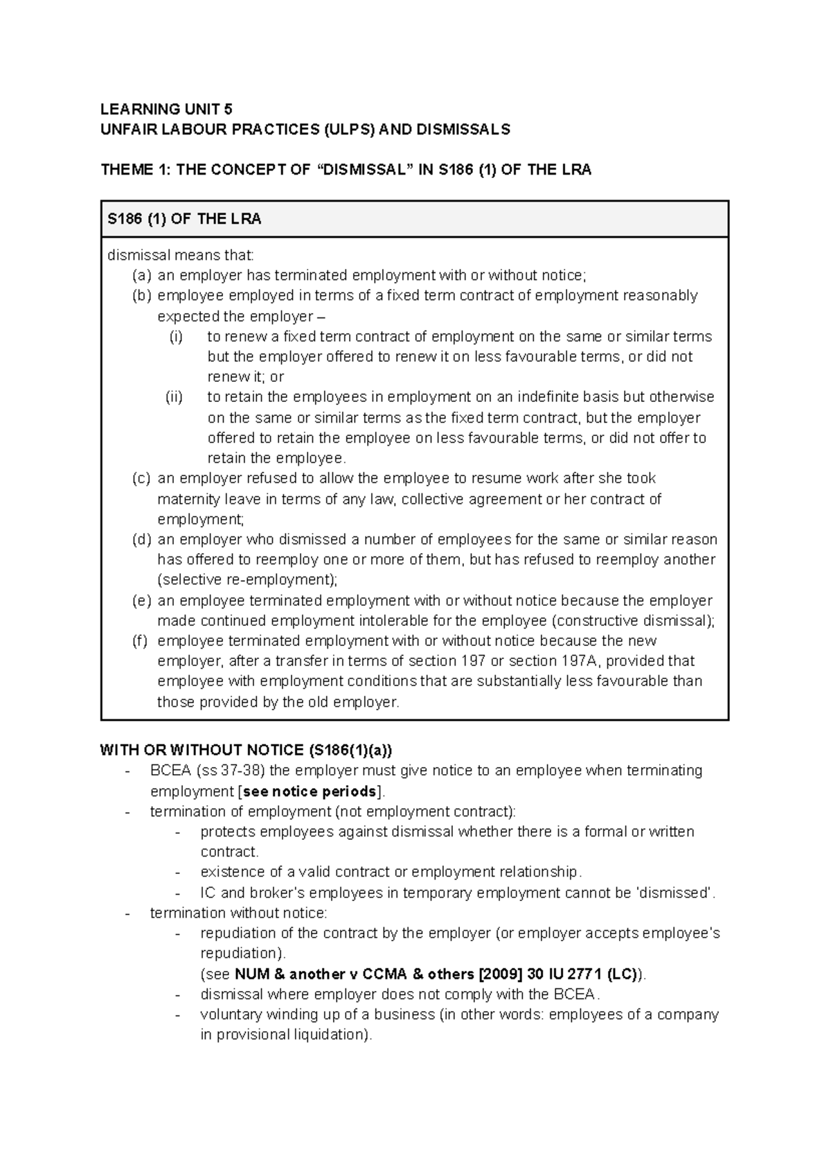 LLAW LU5: Summary of Unfair Labour Practices & Dismissals - Studocu