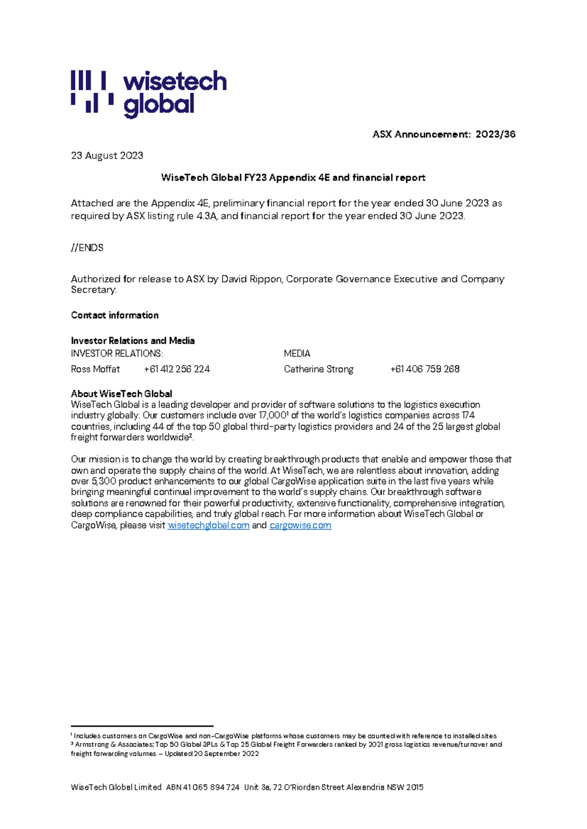 WiseTech Global FY23 Financial Report & Appendix 4E Summary - Studocu