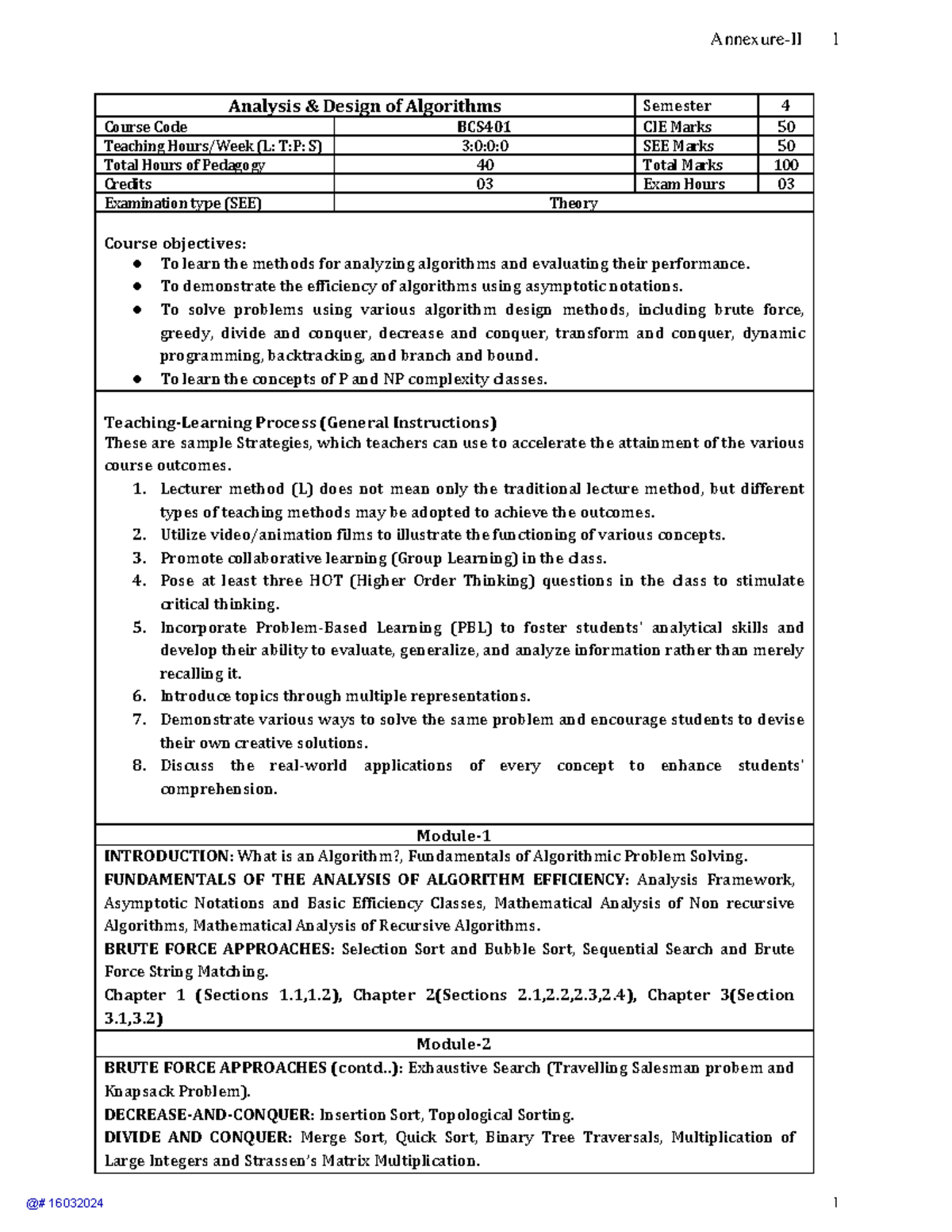 Analysis and Design of Algorithms Syllabus (BCS401 & BCSL404) - Studocu