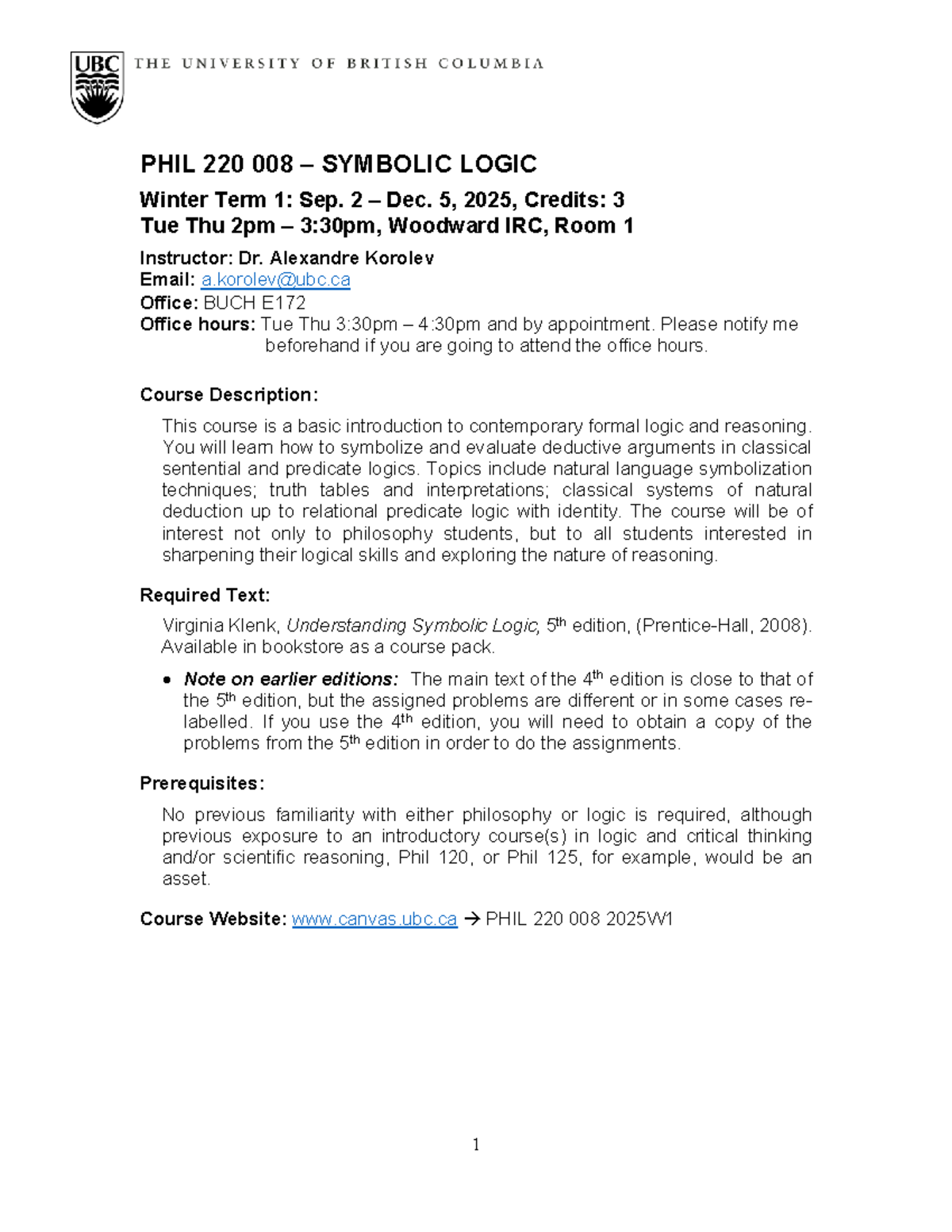 PHIL 220 008 2025W1 - Symbolic Logic Course Syllabus - Studocu