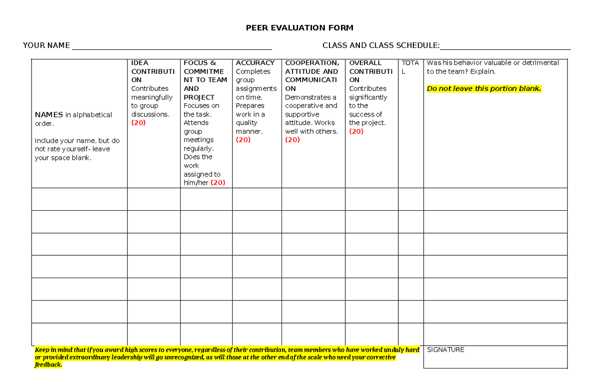 Peer Evaluation Form - Group Work in GEN BIO 2 - Studocu
