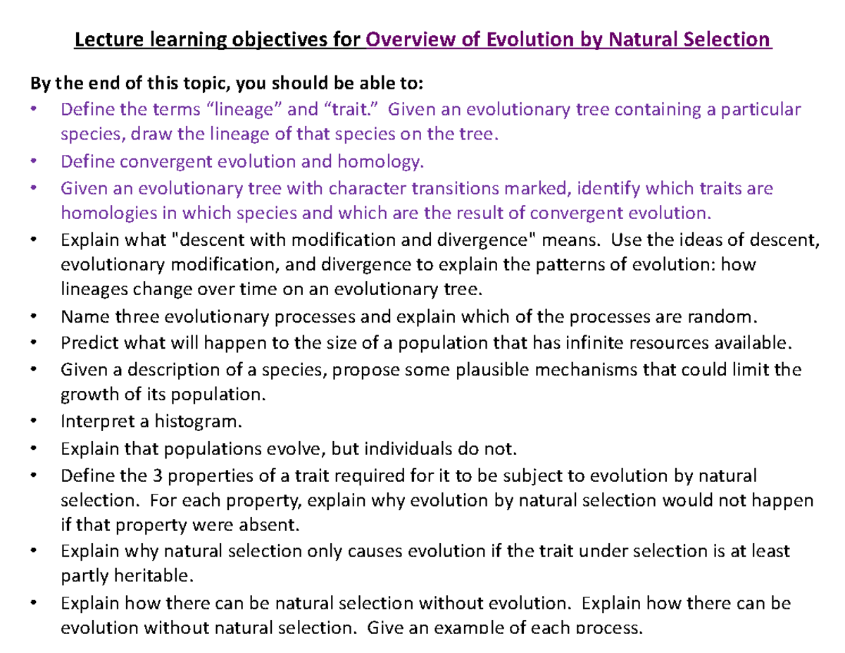 Lecture: Overview of Evolution by Natural Selection - Studocu