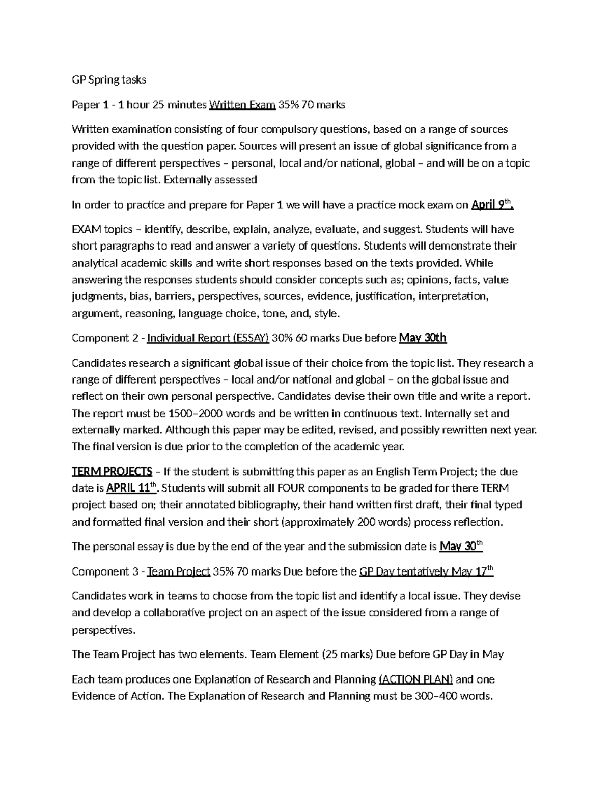 Gp Spring tasks paper 1: written exam and project guidelines - Studocu