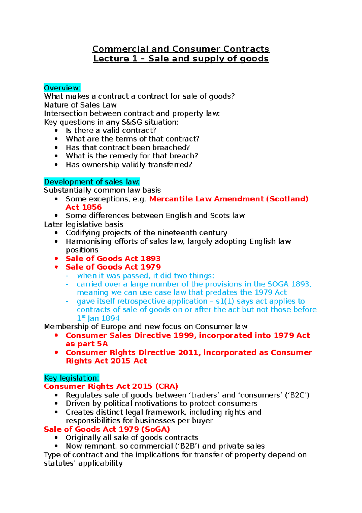 Commercial and Consumer Contracts Lecture 1: Sale and Supply of Goods ...