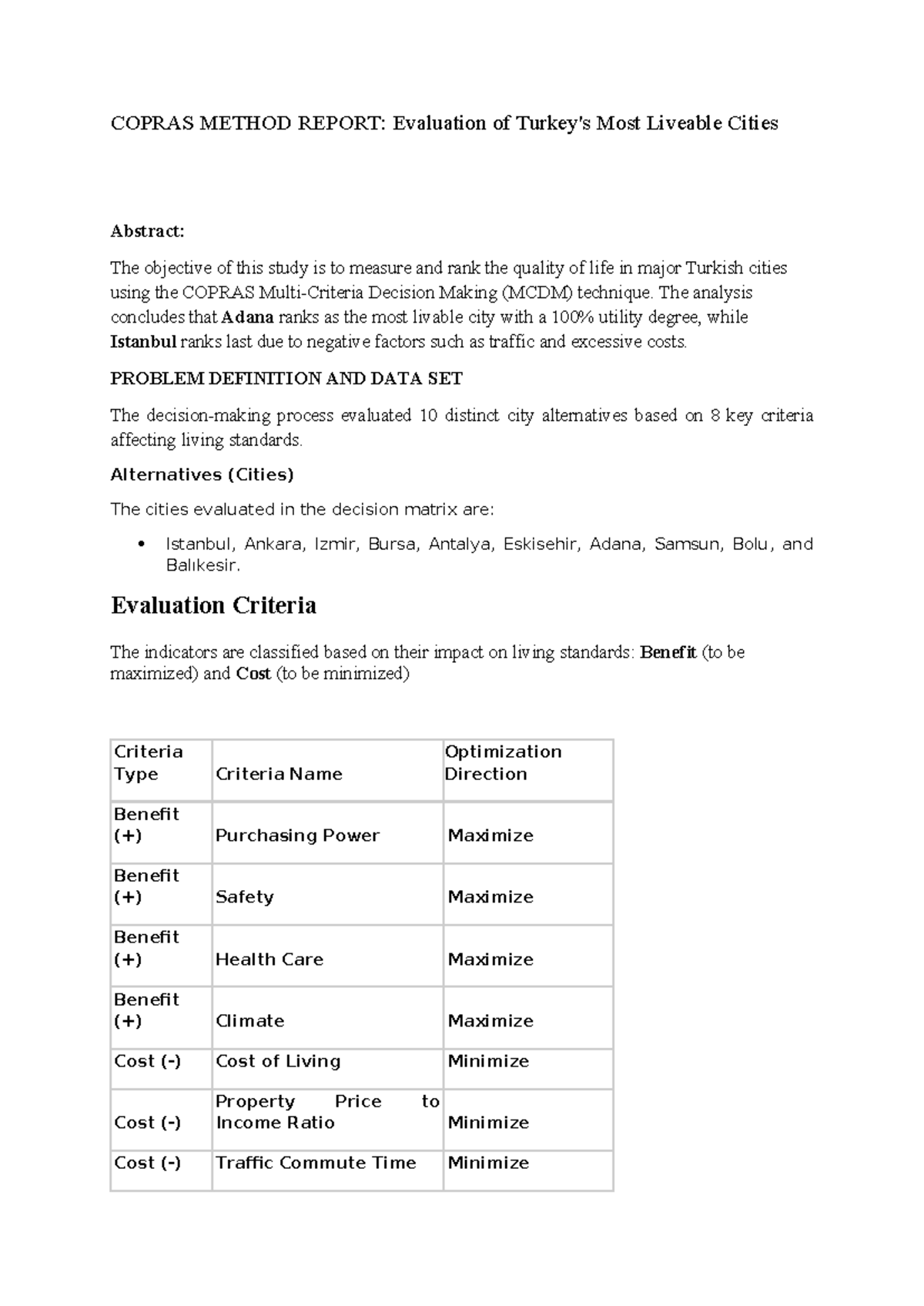 COPRAS METHOD REPORT: Ranking Turkish Cities for Livability - Studocu