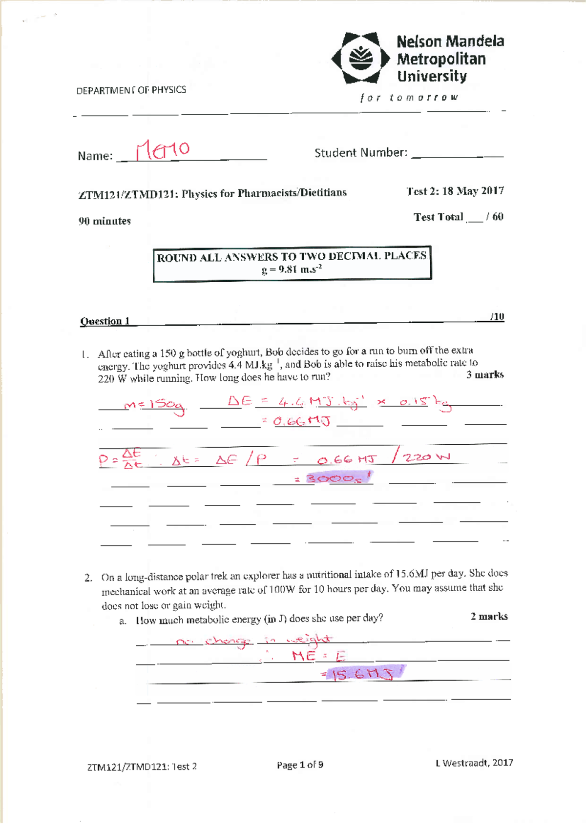 Test 2 (PHYS 101) Memo - Practice Questions and Solutions - Studocu