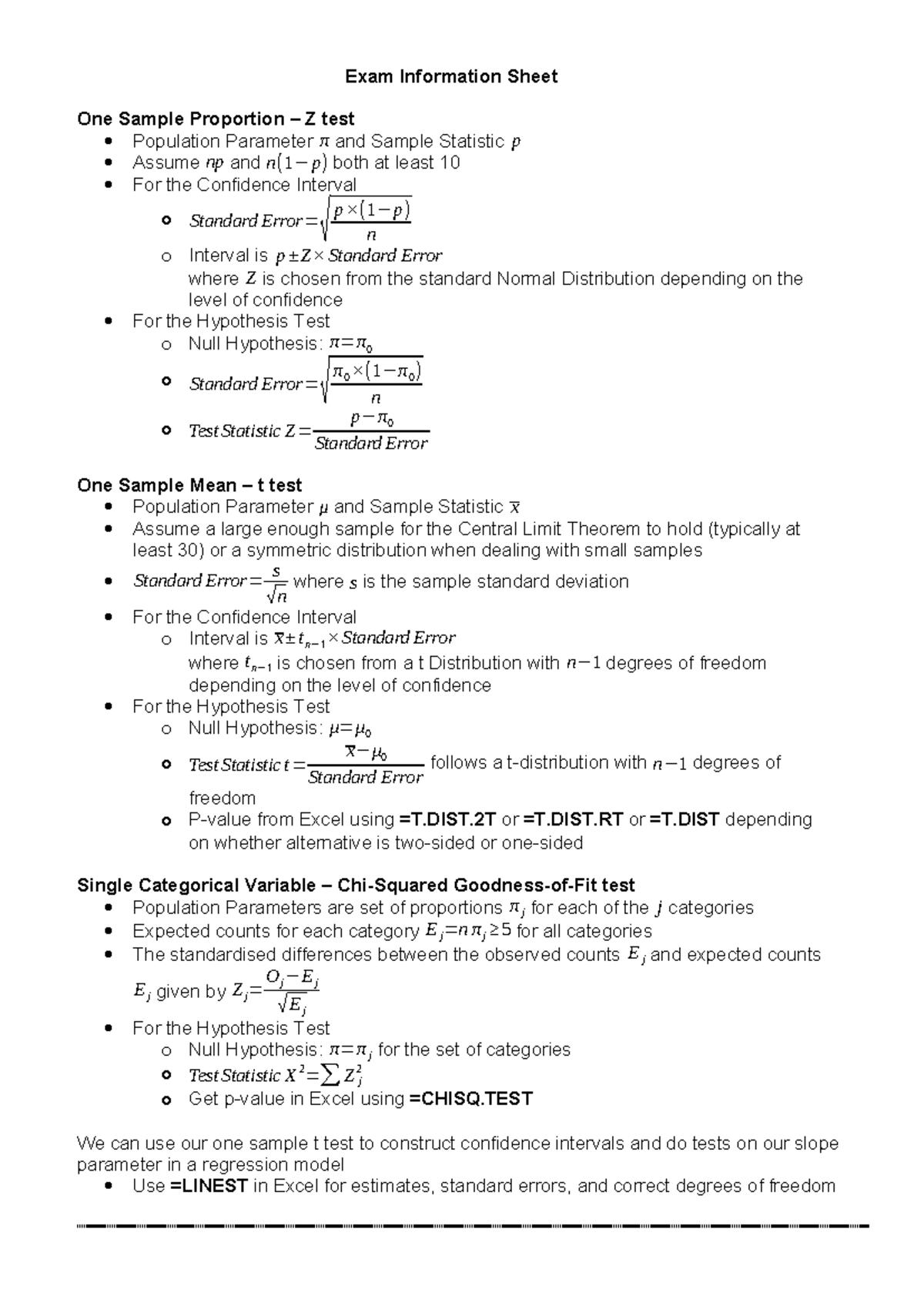 Formula Sheet - DDD: One Sample Tests & Confidence Intervals - Studocu