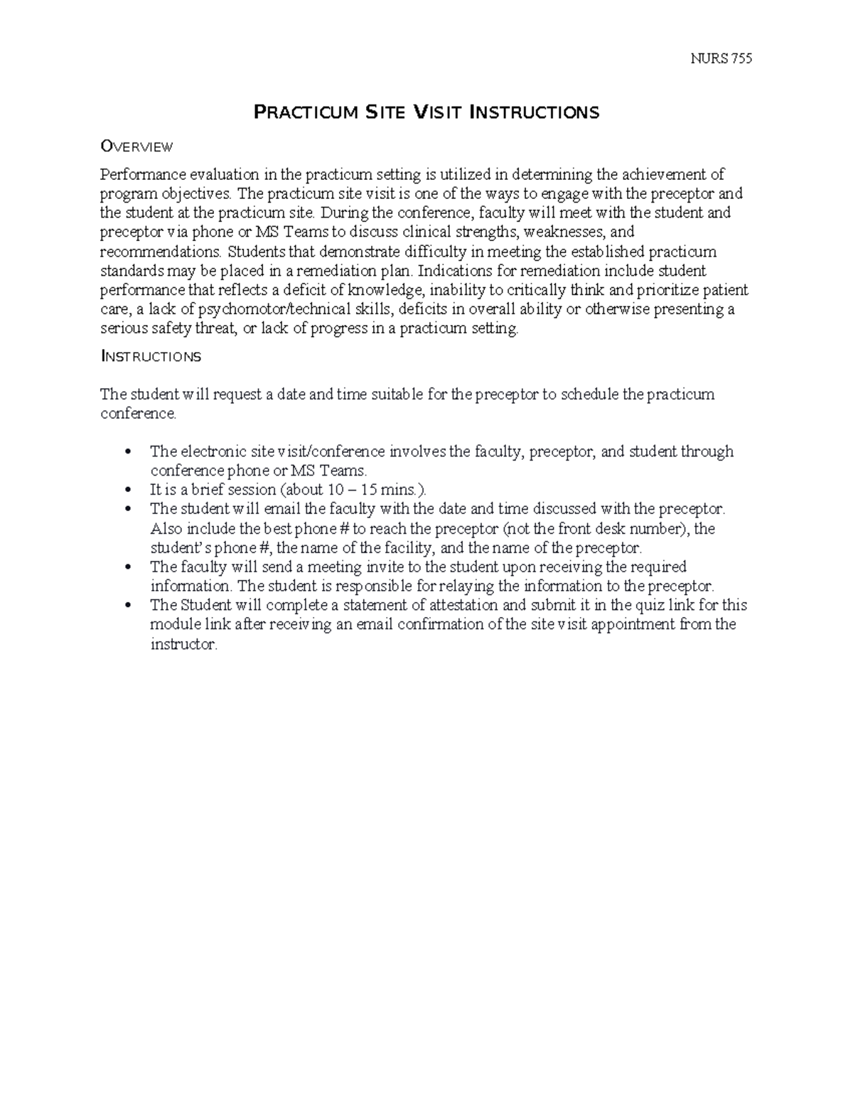 NURS 755 Practicum Site Visit Instructions & Evaluation Guide - Studocu
