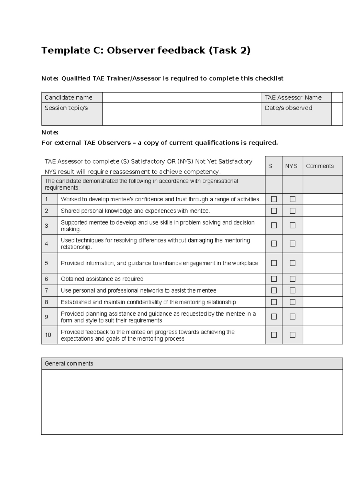Observer Feedback Template C: Task 2 - Mentoring Session 1 - Studocu