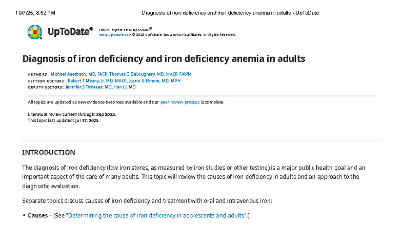 Diagnosis of Iron Deficiency and Anemia in Adults - UpToDate 2025 - Studocu