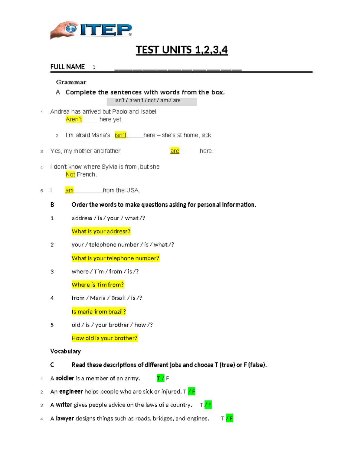 Examen 1.2 - Test Units 1, 2, and 3 Grammar & Vocabulary - Studocu