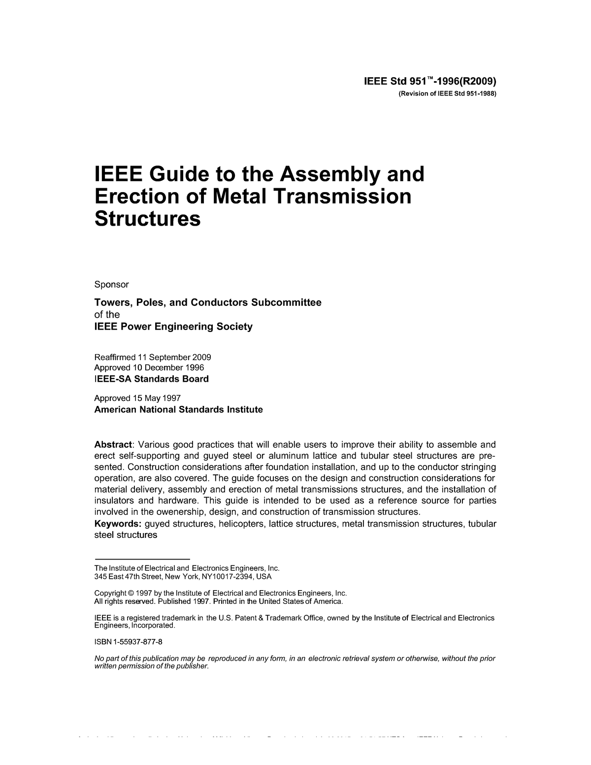 IEEE Std 951-1996: Guide to Assembly & Erection of Metal Structures ...