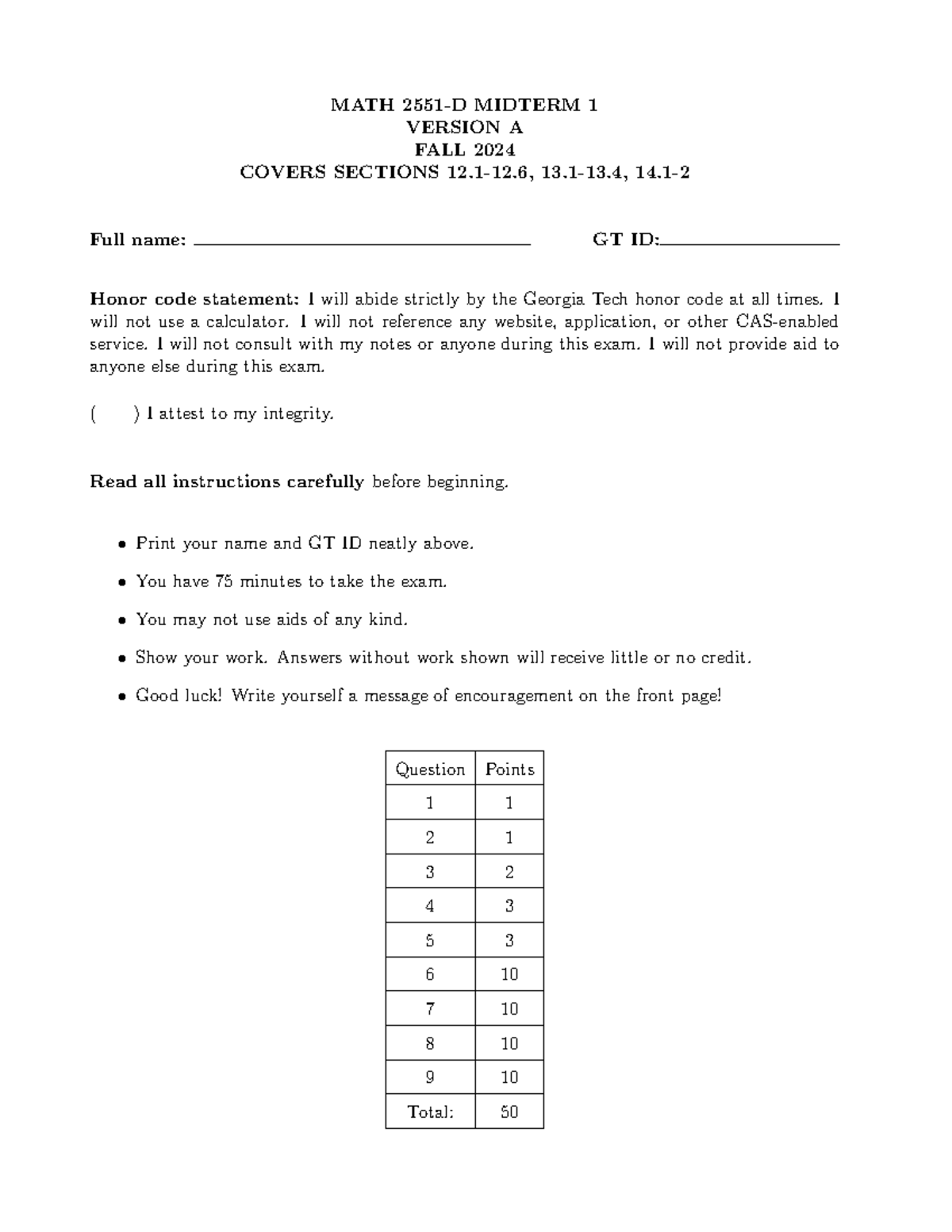 202408 Exam 1A - Practice exam 1 - MATH 2551-D MIDTERM 1 VERSION A FALL ...