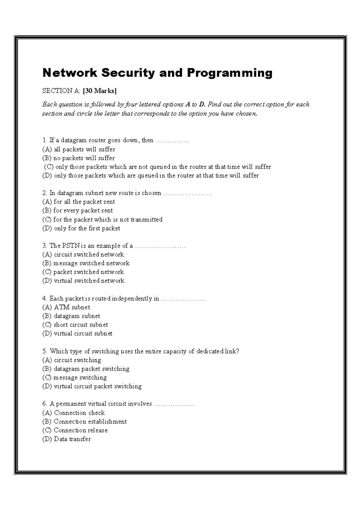 Network Security and Programming: Quiz Questions and Answers - Studocu