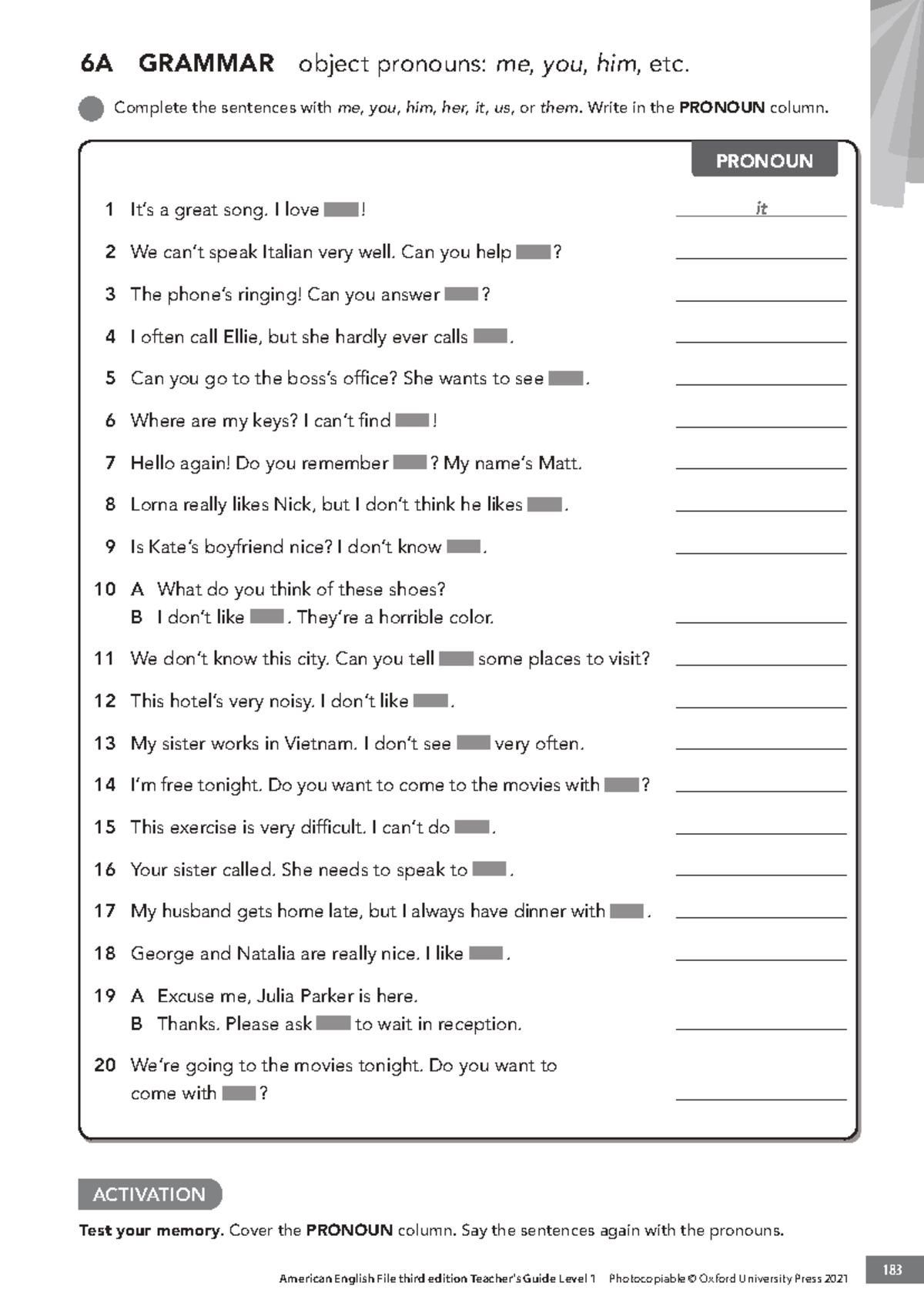 AEF3e Level 1 Grammar 6A: Object Pronouns Exercises - Studocu