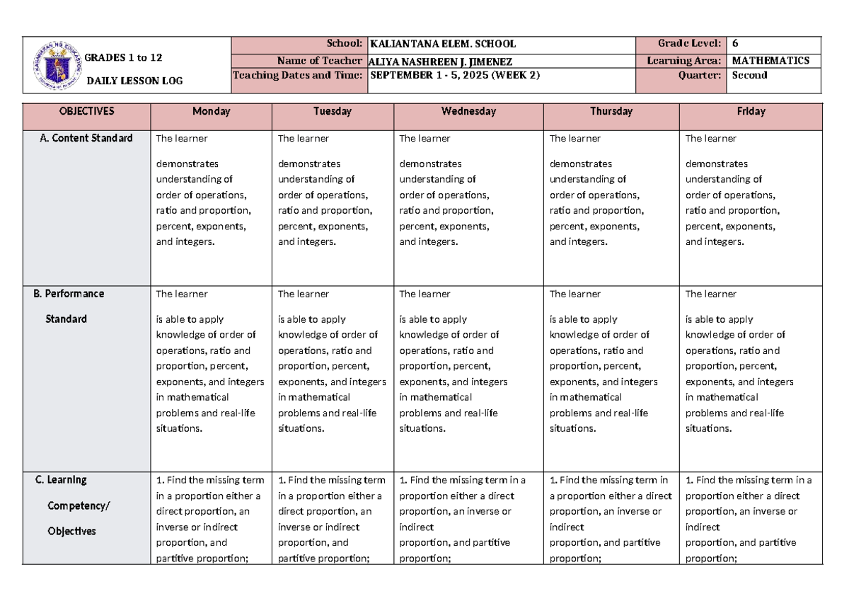 DLL Mathematics 6 Q2 W2 - Daily Lesson Log on Proportions - Studocu