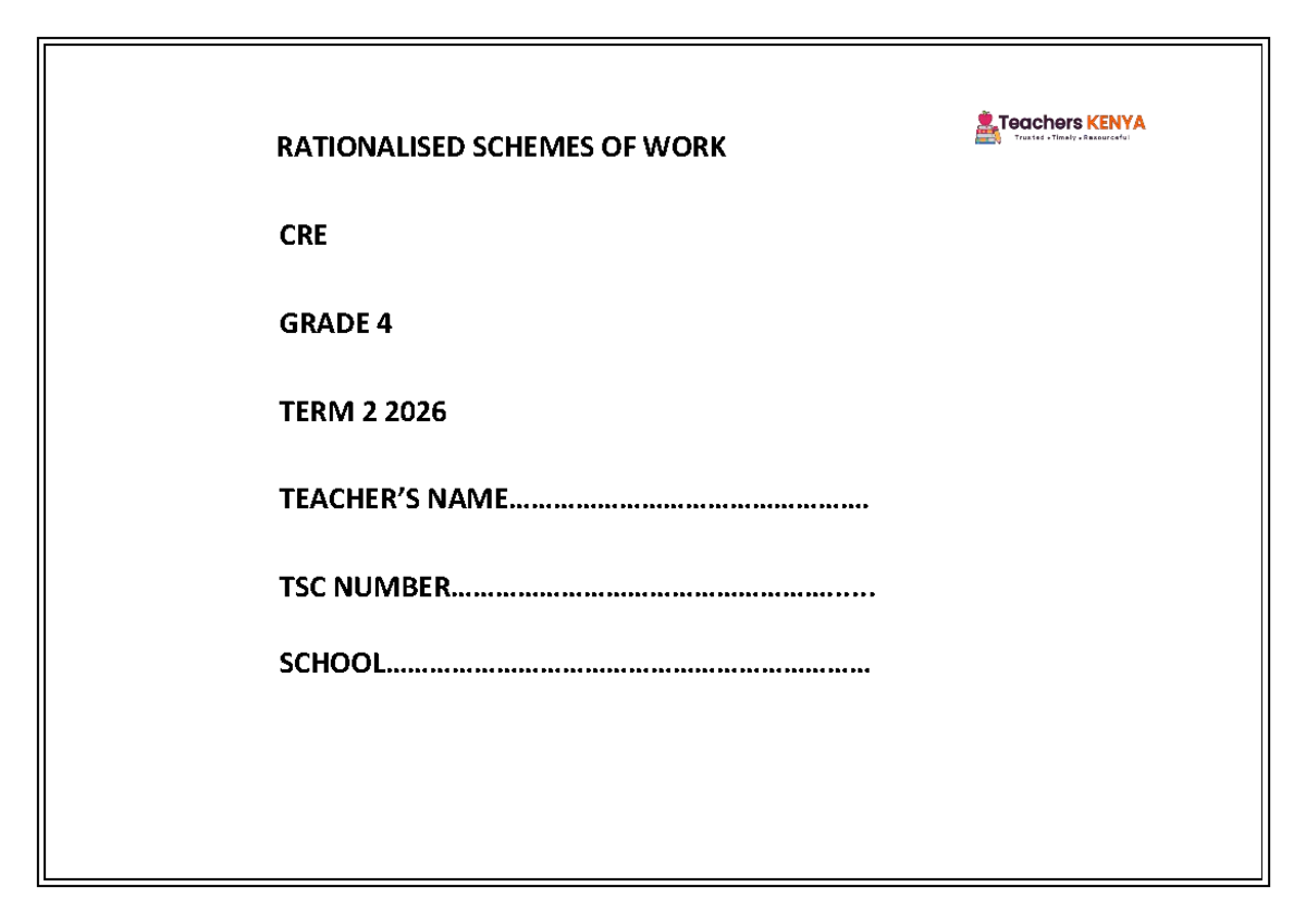 TERM 2 CRE Schemes of Work for Grade 4: Lessons on Jesus' Life - Studocu