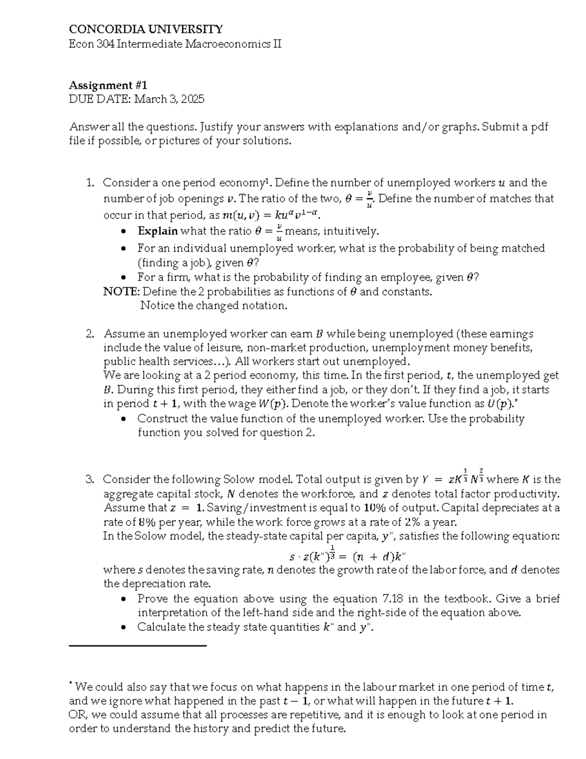 Econ 304 - Intermediate Macroeconomics II Assignment W2025: Key ...