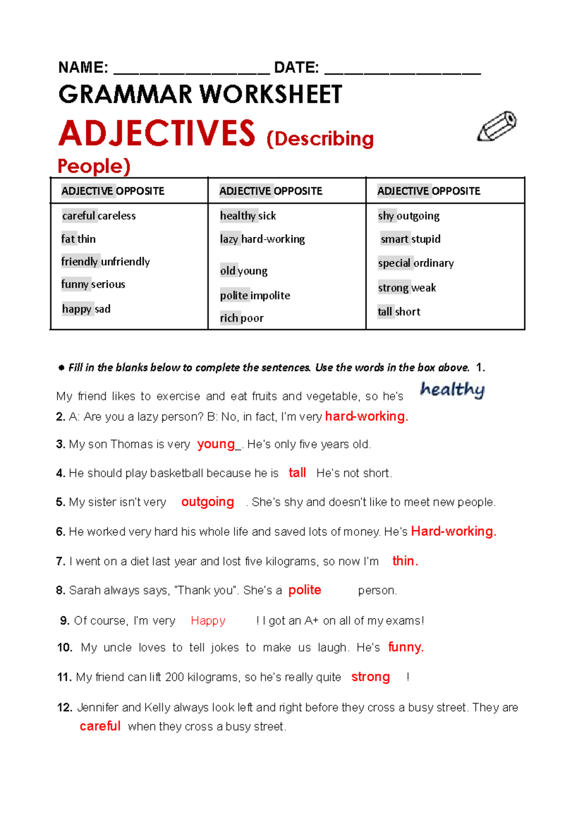 Atg Grammar Worksheet: Adjectives Describing People - Studocu