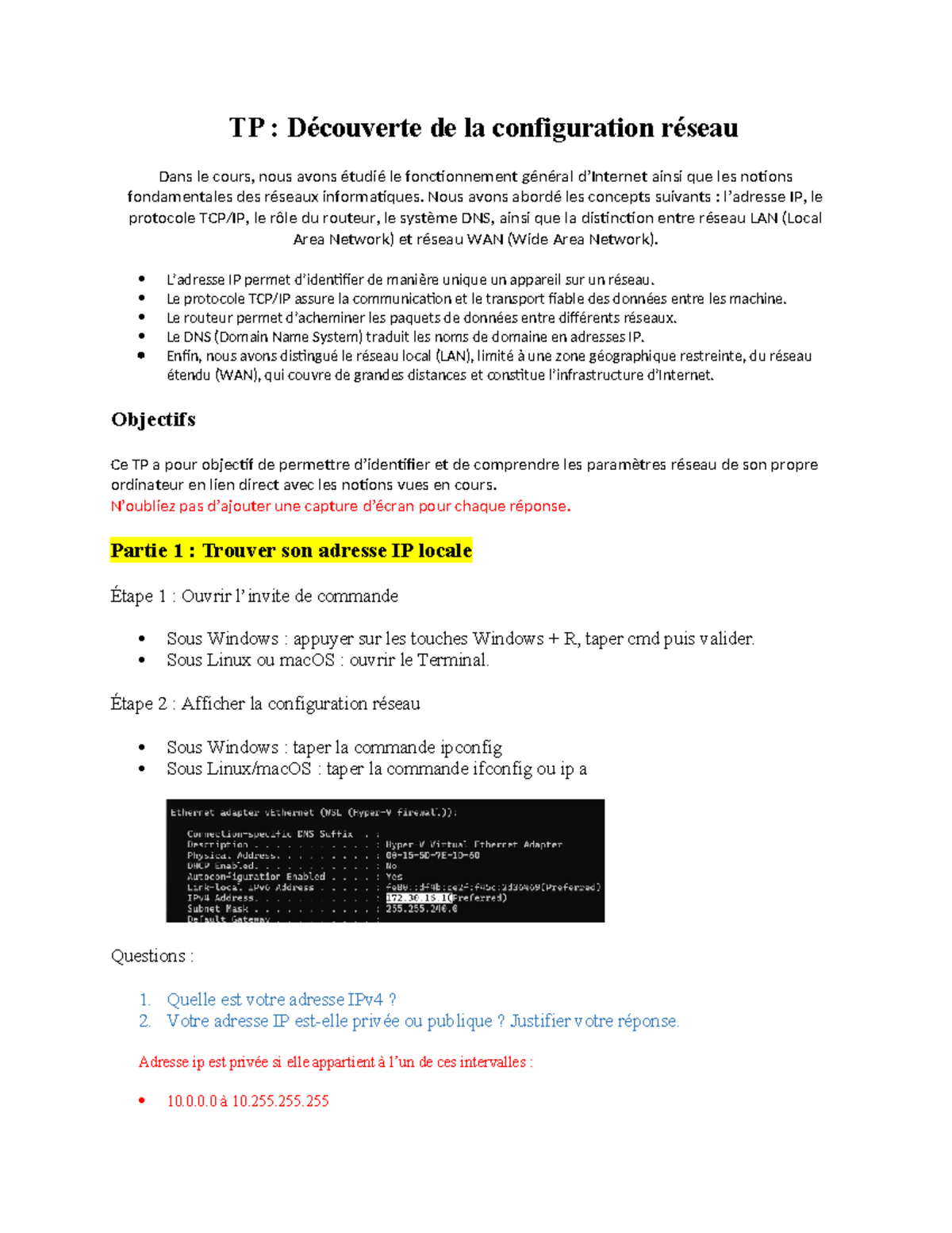 TP : Configuration Réseau et Analyse des Paramètres IP - Studocu