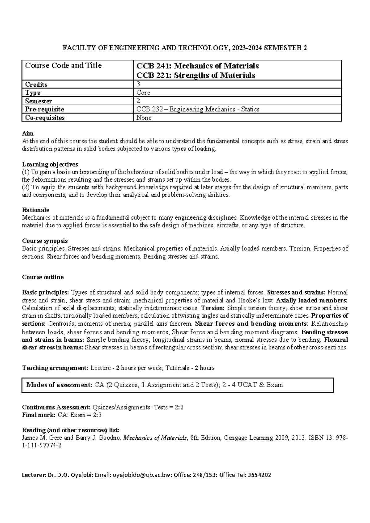CCB 241: Mechanics of Materials Course Outline and Overview - Studocu