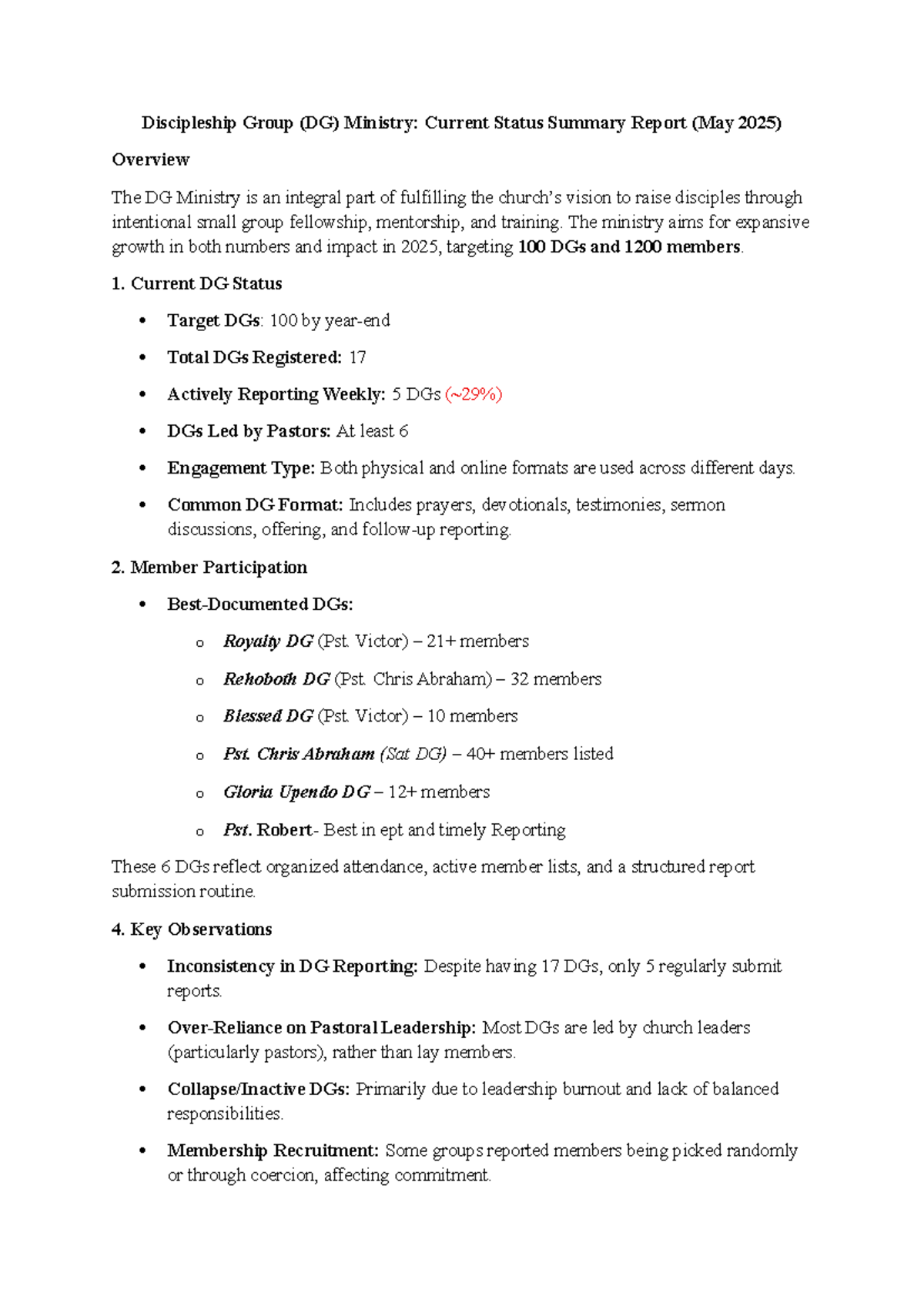 Discipleship Group (DG) Ministry Status Report - May 2025 - Studocu