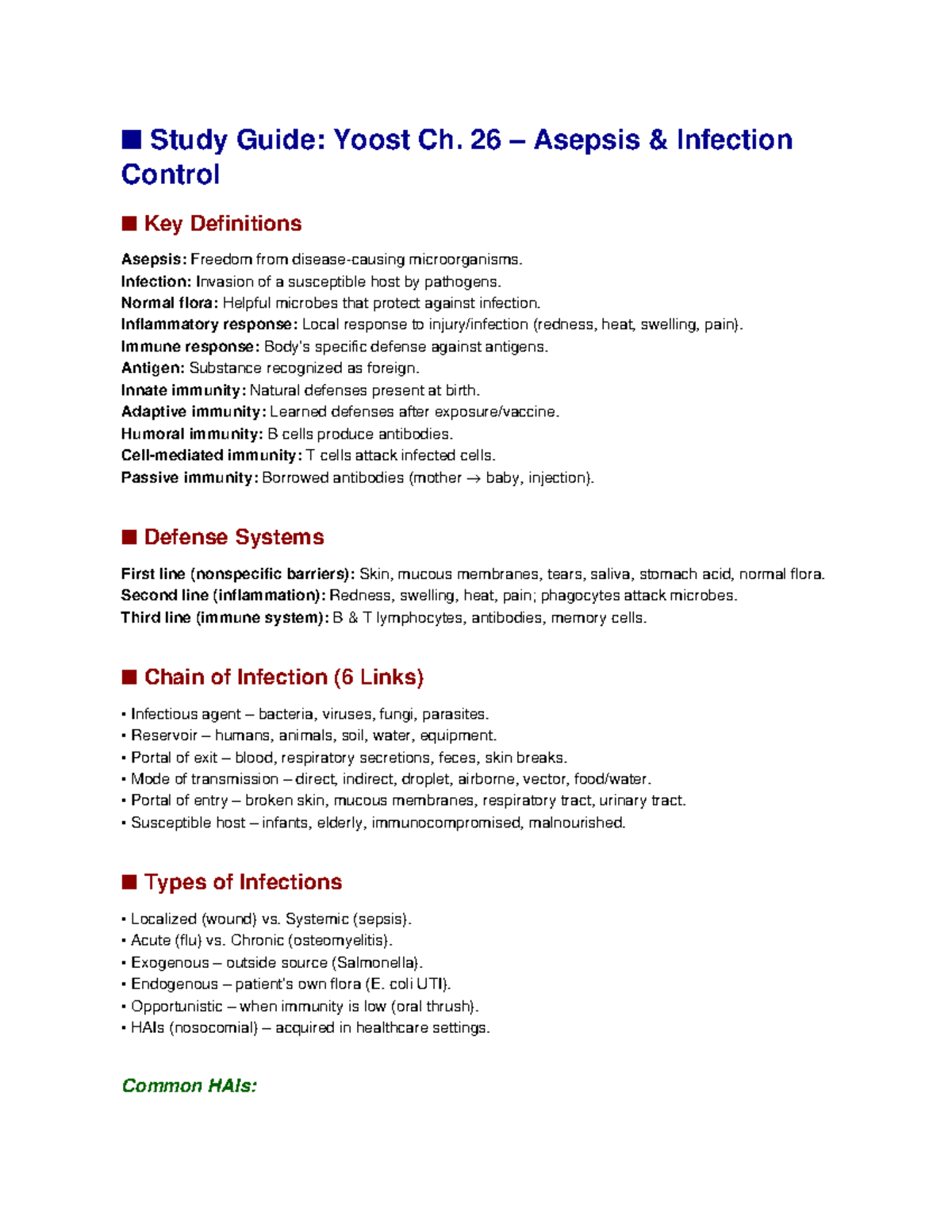 Yoost Ch. 26 Study Guide: Asepsis & Infection Control Essentials - Studocu