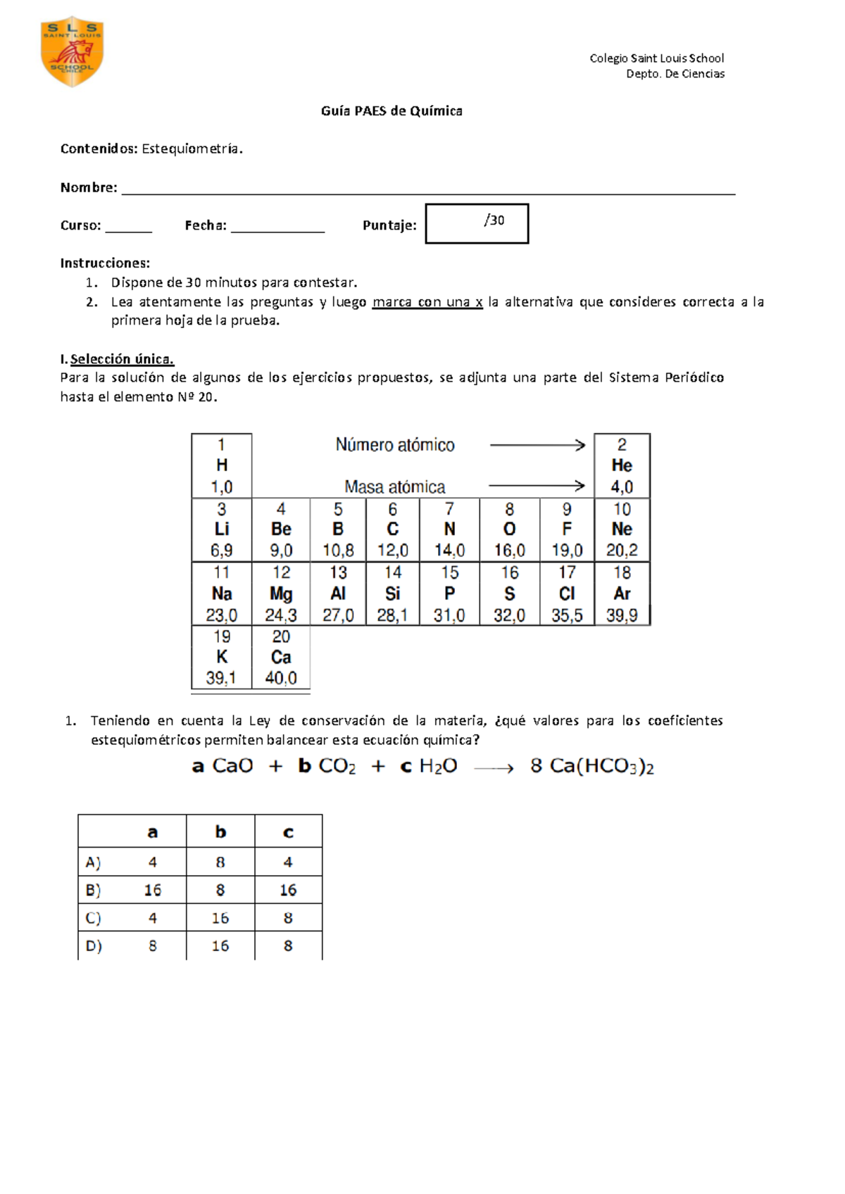 Guía PAES de Química: Estequiometría y Ley de Conservación de la Materia - Document Preview