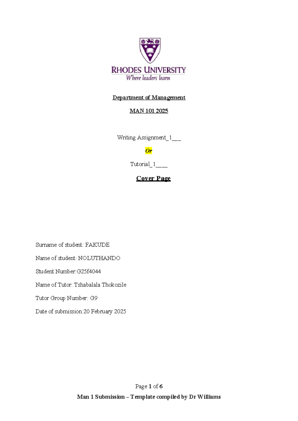 Writing Assignment Submission Template MAN 101 2025 - Studocu