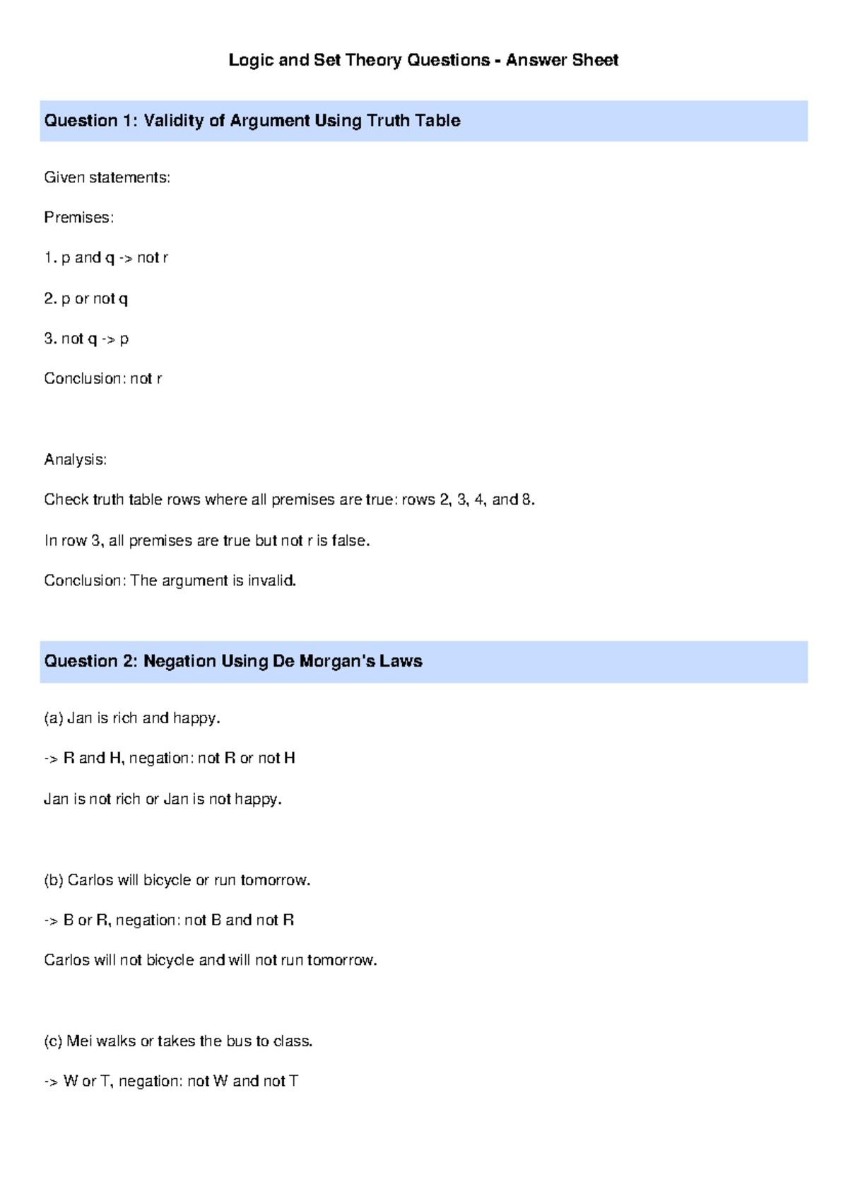 Logic and Set Theory Answers: Validity, Negation, and Proofs - Studocu