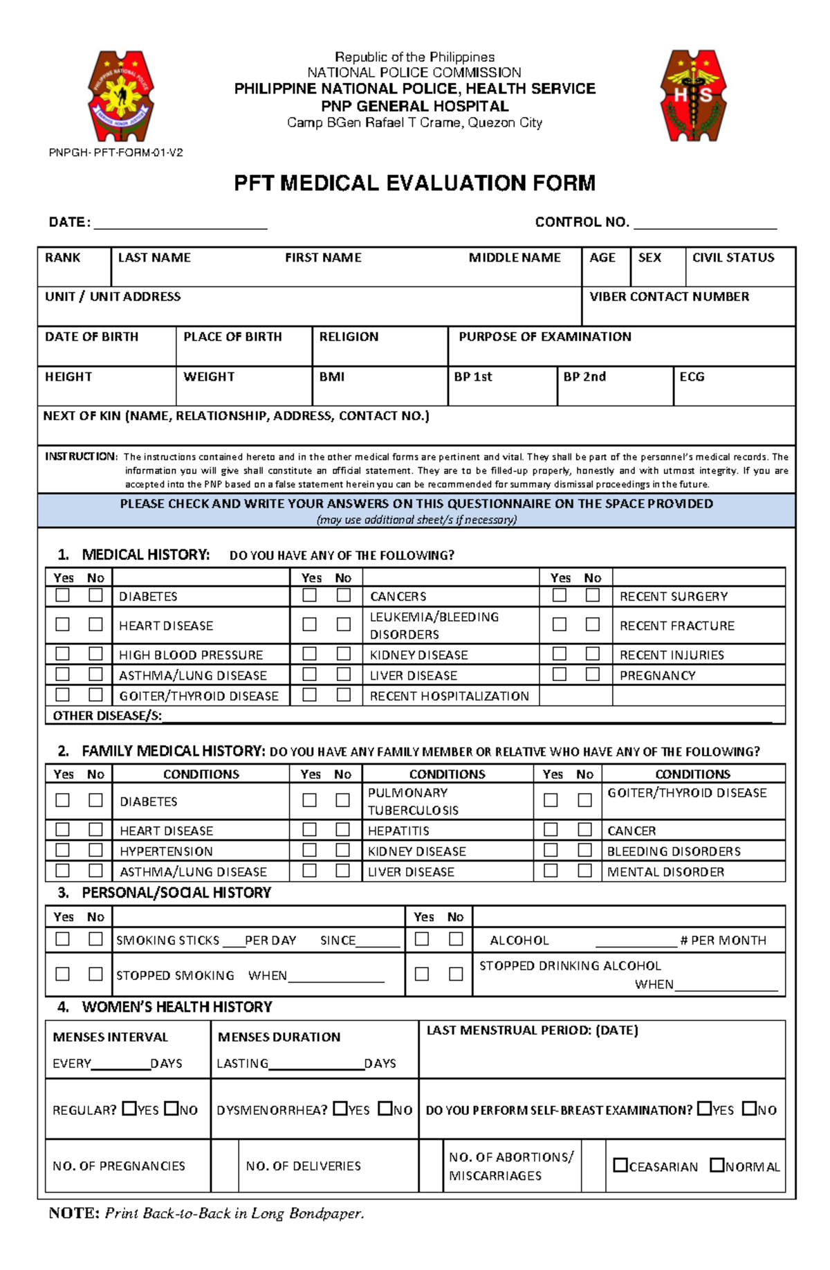 PNP Health Service Medical Evaluation Form - PFT - Studocu