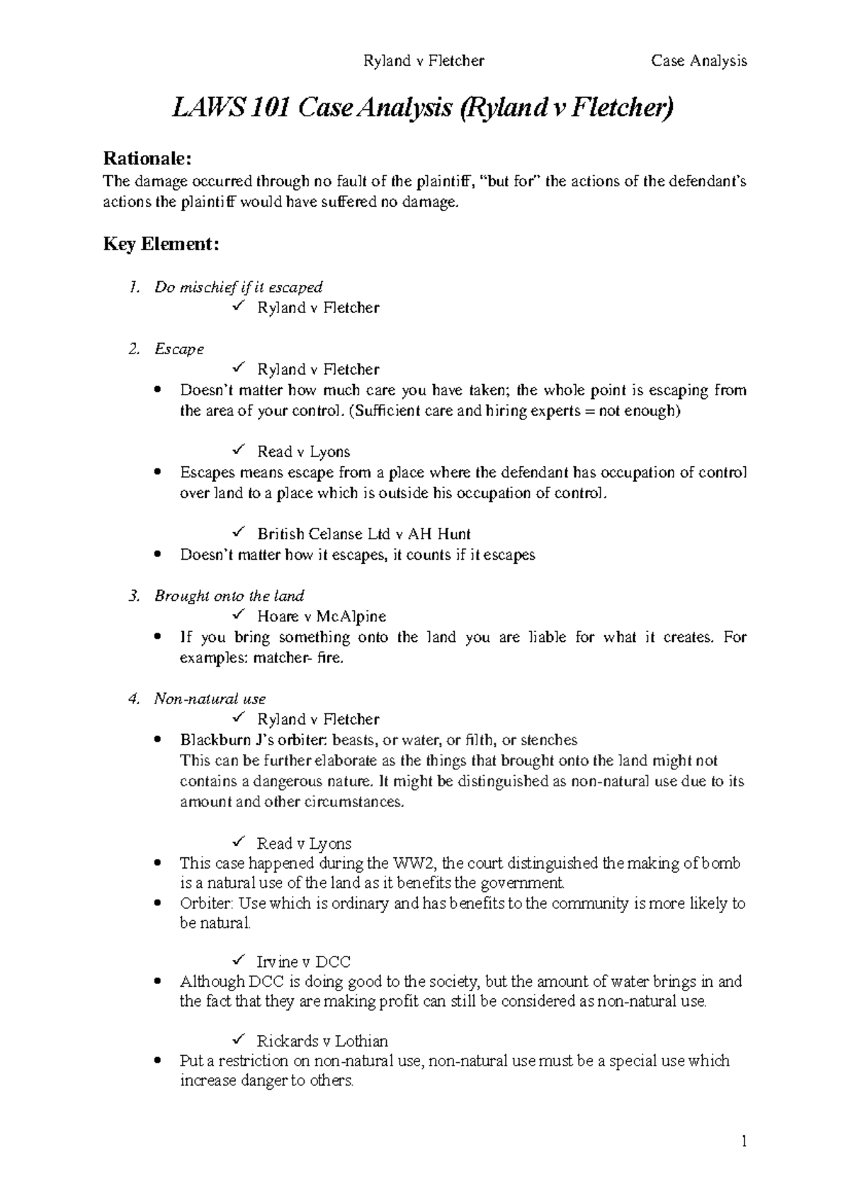 Ryland v Fletcher Summary - Ryland v Fletcher Case Analysis LAWS 101 ...