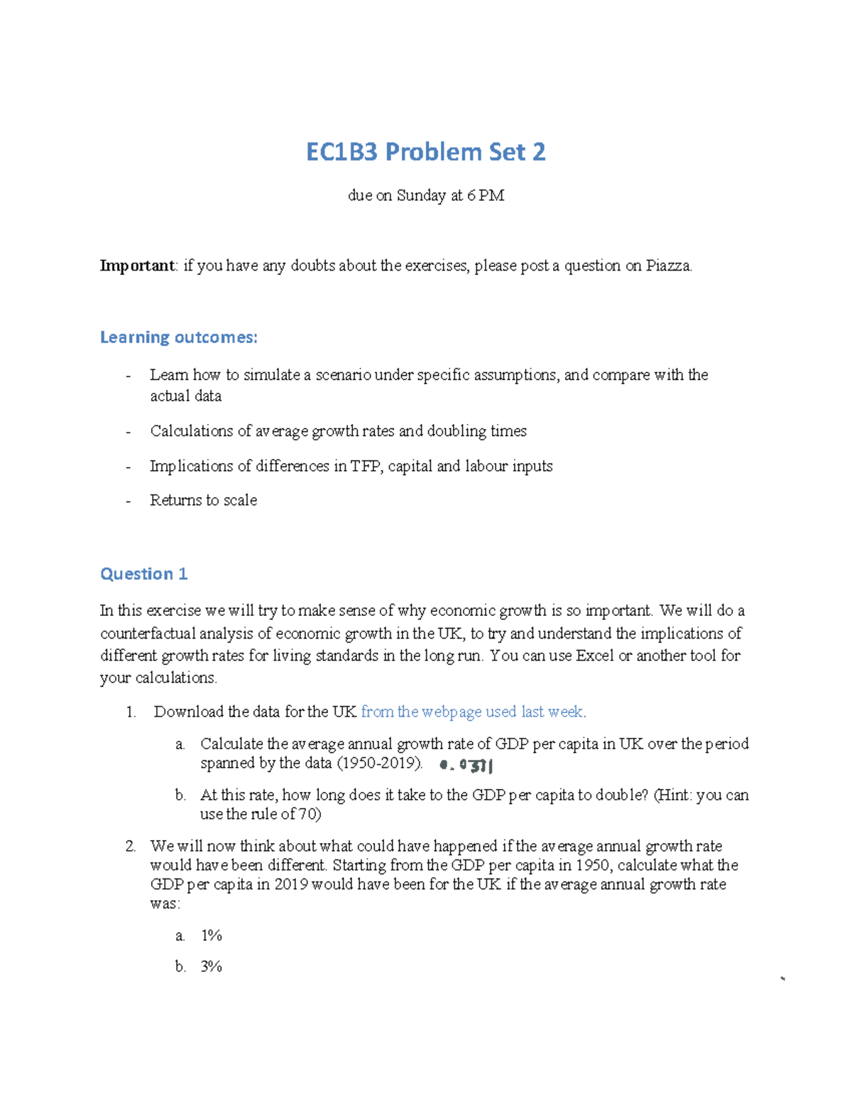 EC1B3 Problem Set 2 - Partial Solutions and Analysis - Studocu
