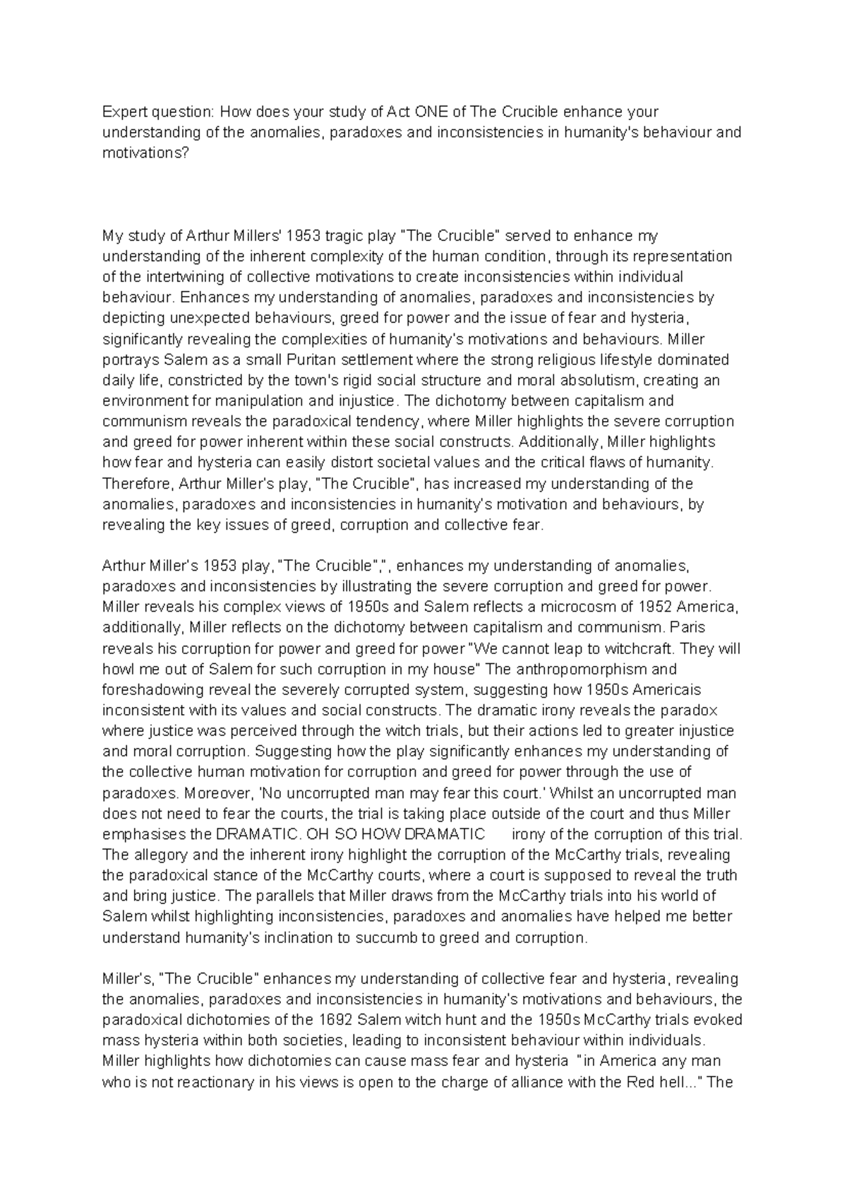 ENG 101: Final Essay on Anomalies and Paradoxes in The Crucible - Studocu