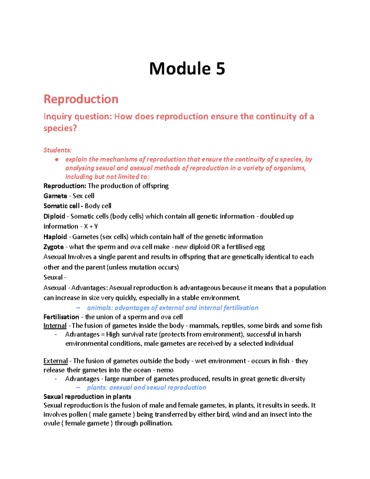 Year 12 Biology (BIO101) Module 5: Reproduction and Genetic Variation ...
