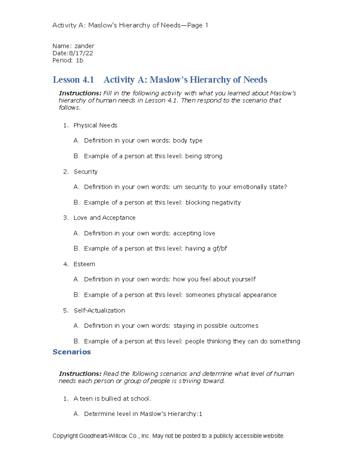 Zander's Lesson 4.1: Maslow's Hierarchy of Needs Activity - Studocu