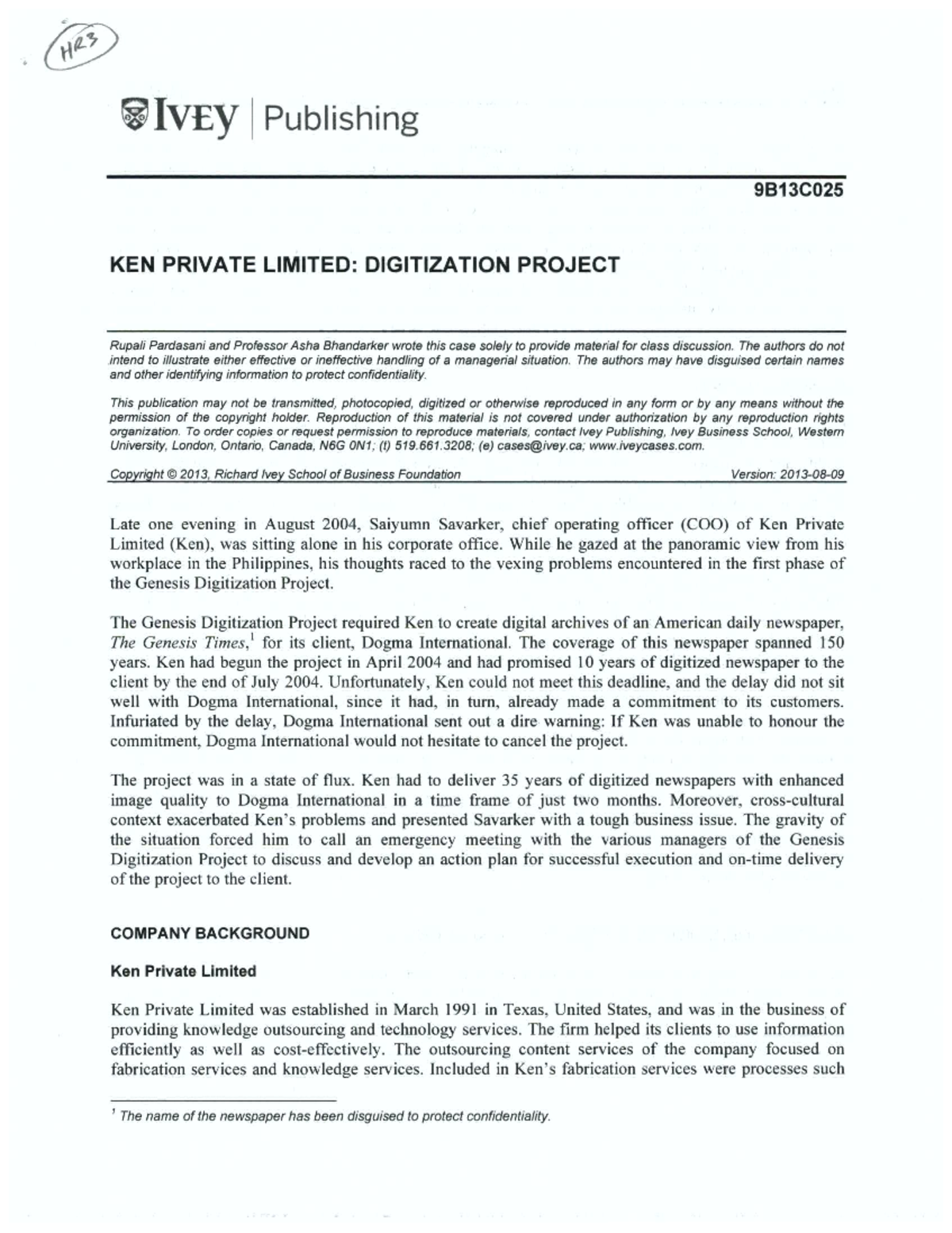 HR - Ken Private Digitization - HR3 IVEY Publishing 9B13C025 KEN ...