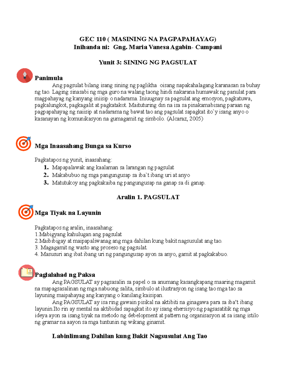 Yunit 3: Sining ng Pagsulat - GEC 110 (Masining na Pagpapahayag) - Document Preview
