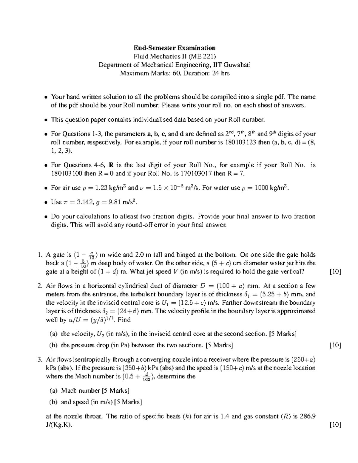 End-Sem Exam Questions for Fluid Mechanics II (ME 221) - Studocu
