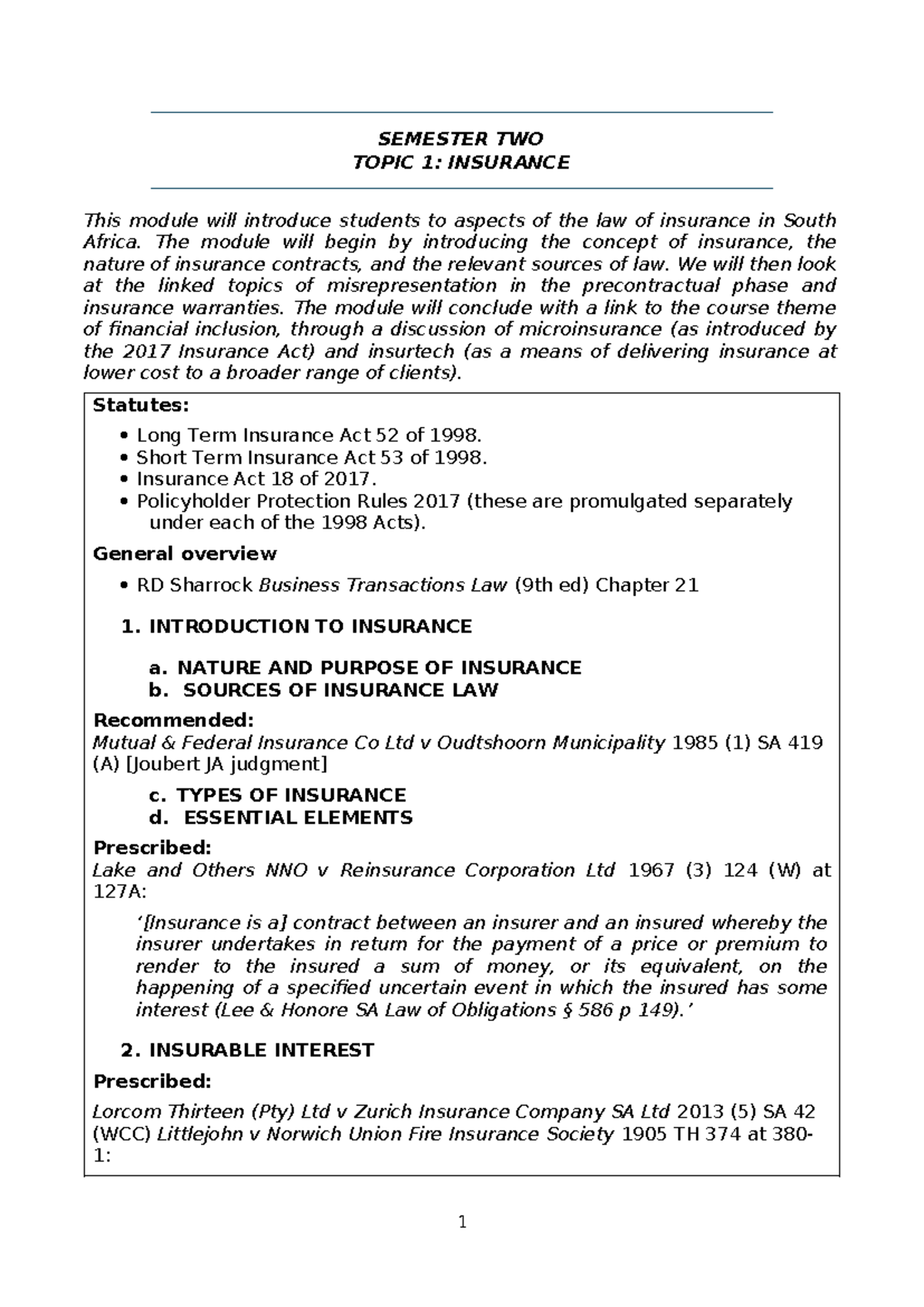 Topic 1: Insurance Law Overview - Notes for Semester 2 (Course Code ...