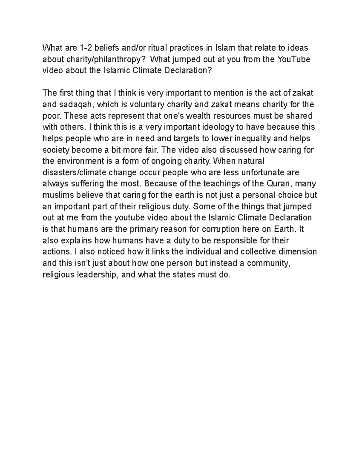 Islamic Beliefs & Rituals on Charity and Climate Responsibility - Studocu