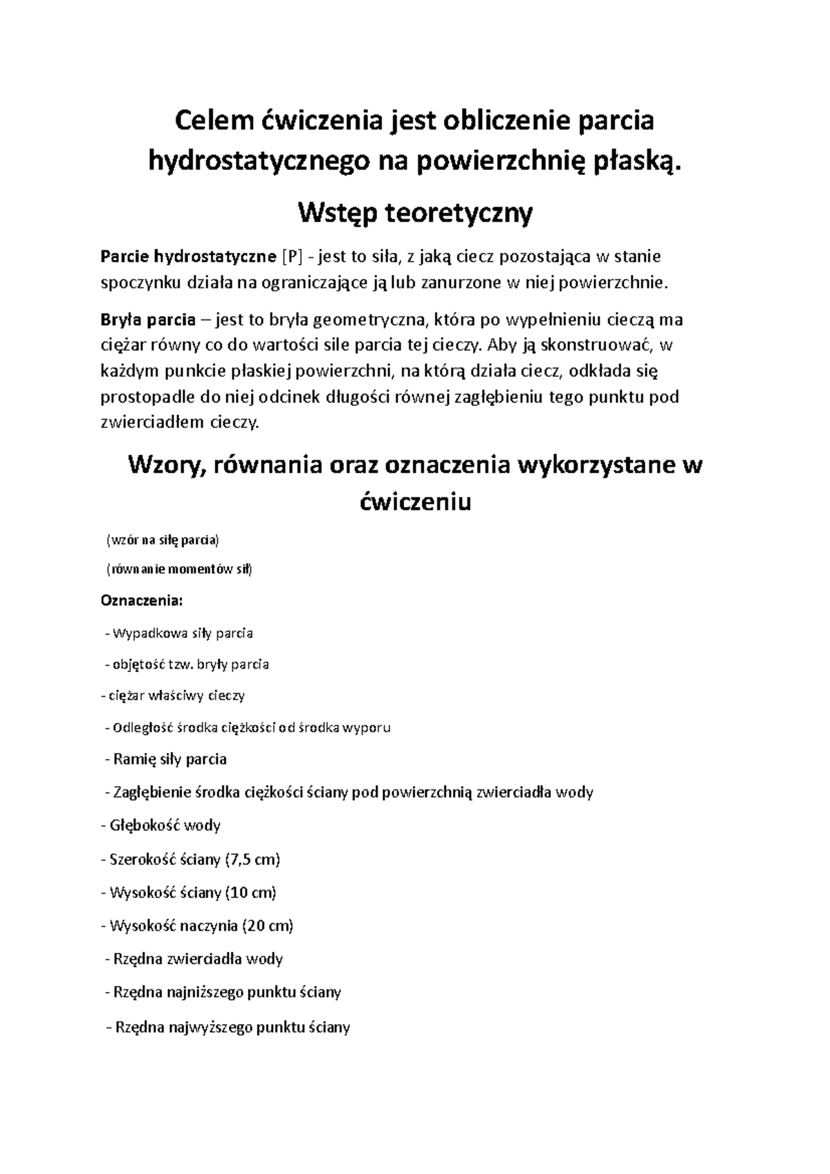 Obliczenia parcia hydrostatycznego na powierzchnię płaską - Laboratoria -  Studocu