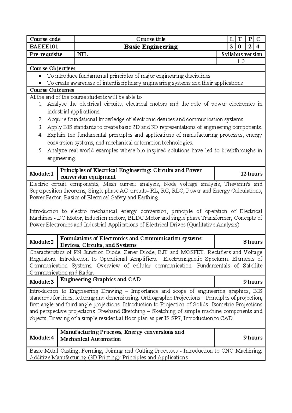 Baeee 101 Basic Engineering Syllabus & Lab Experiments - Studocu