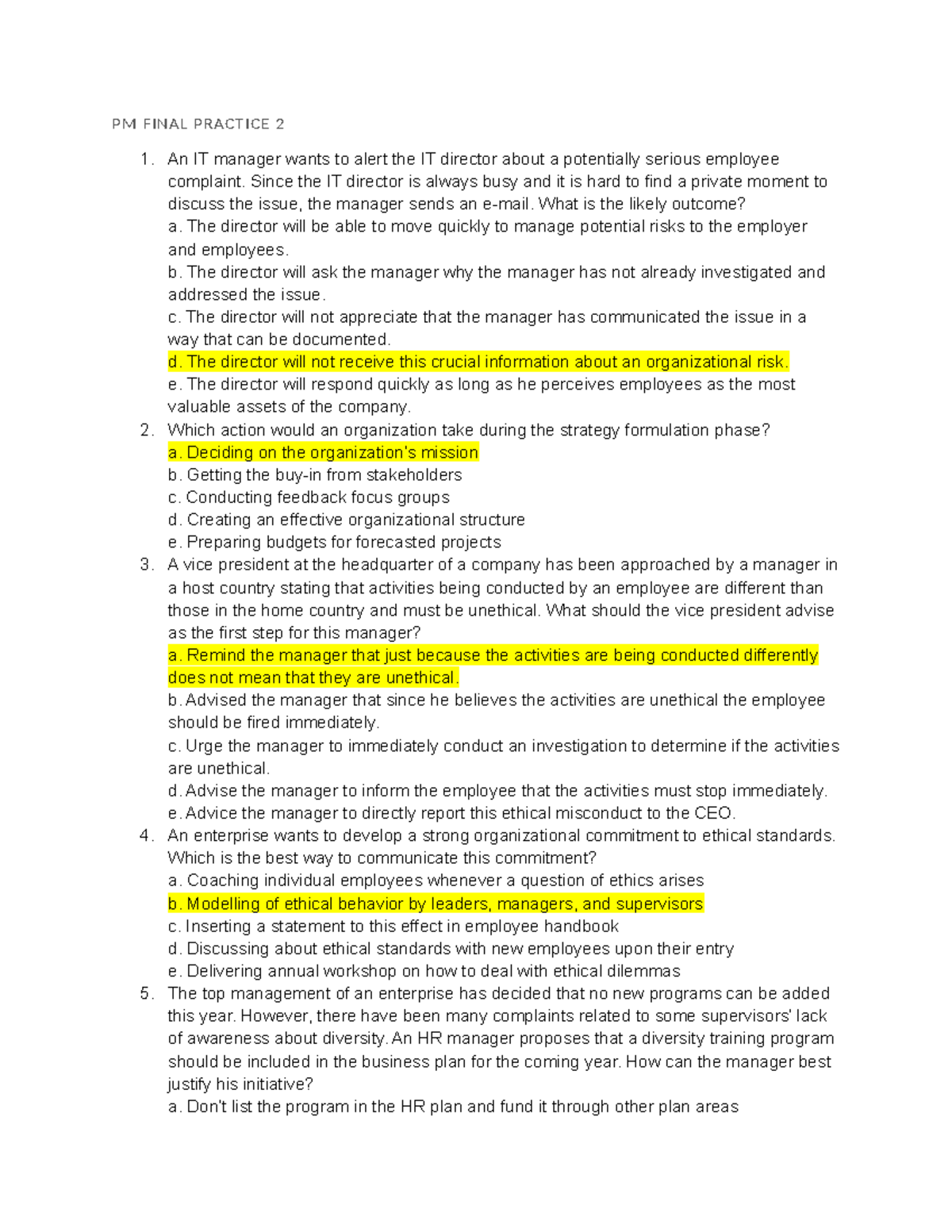PM Final Exam Practice Questions and Answers (Practice 2) - Studocu