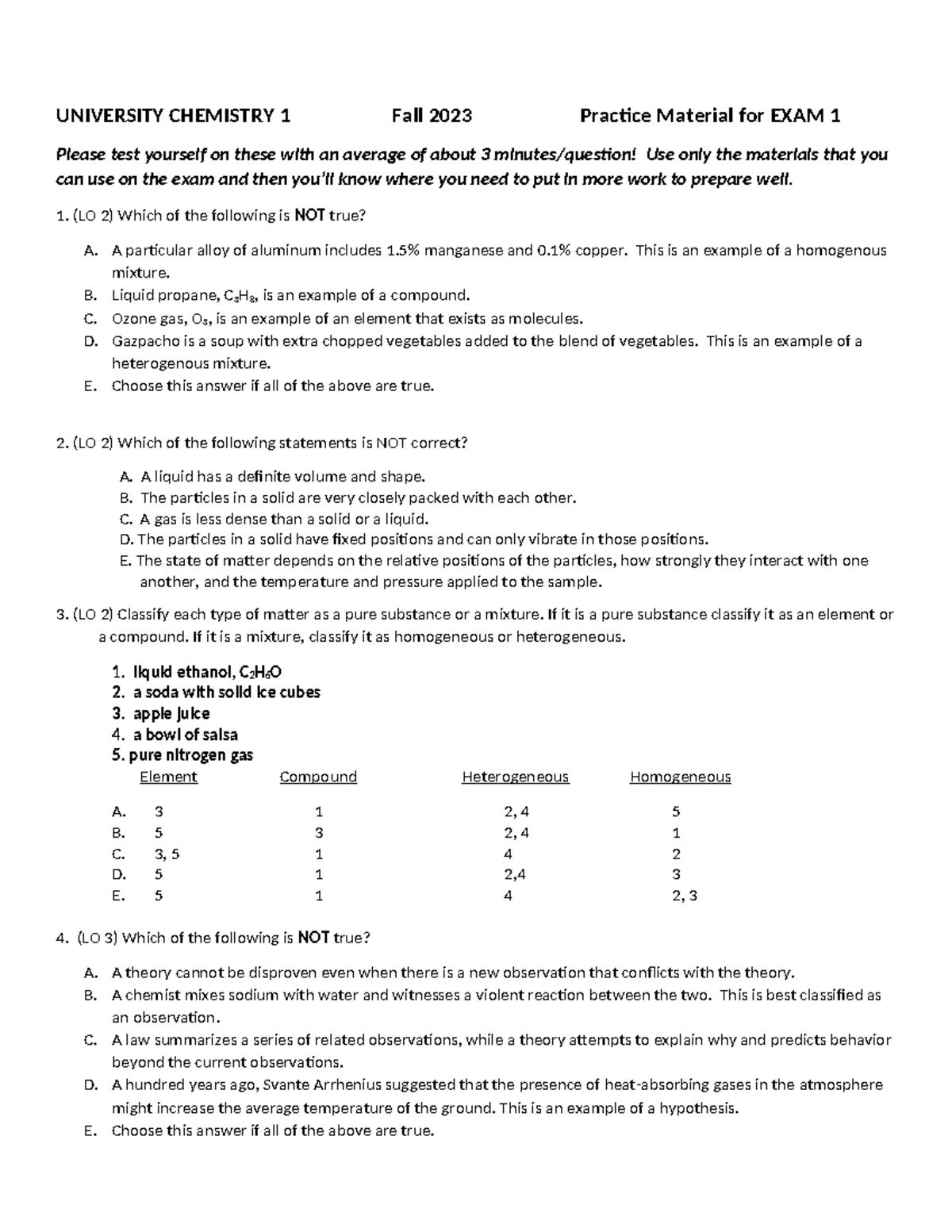 Revised Practice Material for EXAM 1 Fall 2023 - UNIVERSITY CHEMISTRY 1 ...